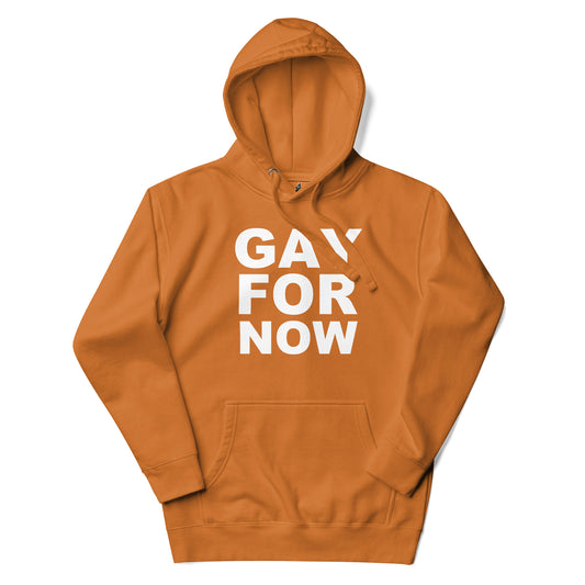 An orange pullover hoodie with the words 'GAY FOR NOW' printed in bold white capital letters on the front, displayed against a plain white background.
