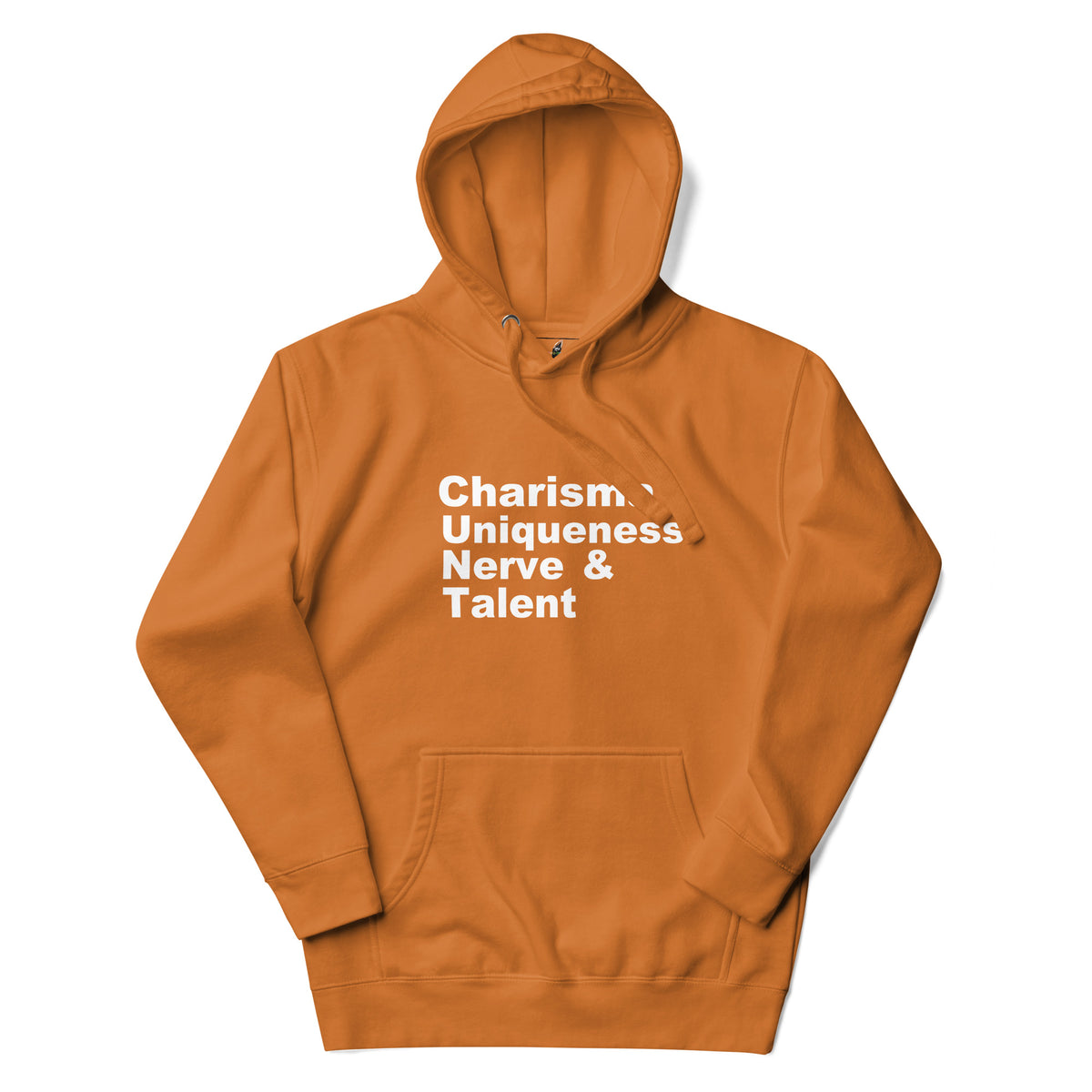 An orange pullover hoodie with white text on the chest reading 'LIFT HEAVY. EAT ASS.' against a plain white background.