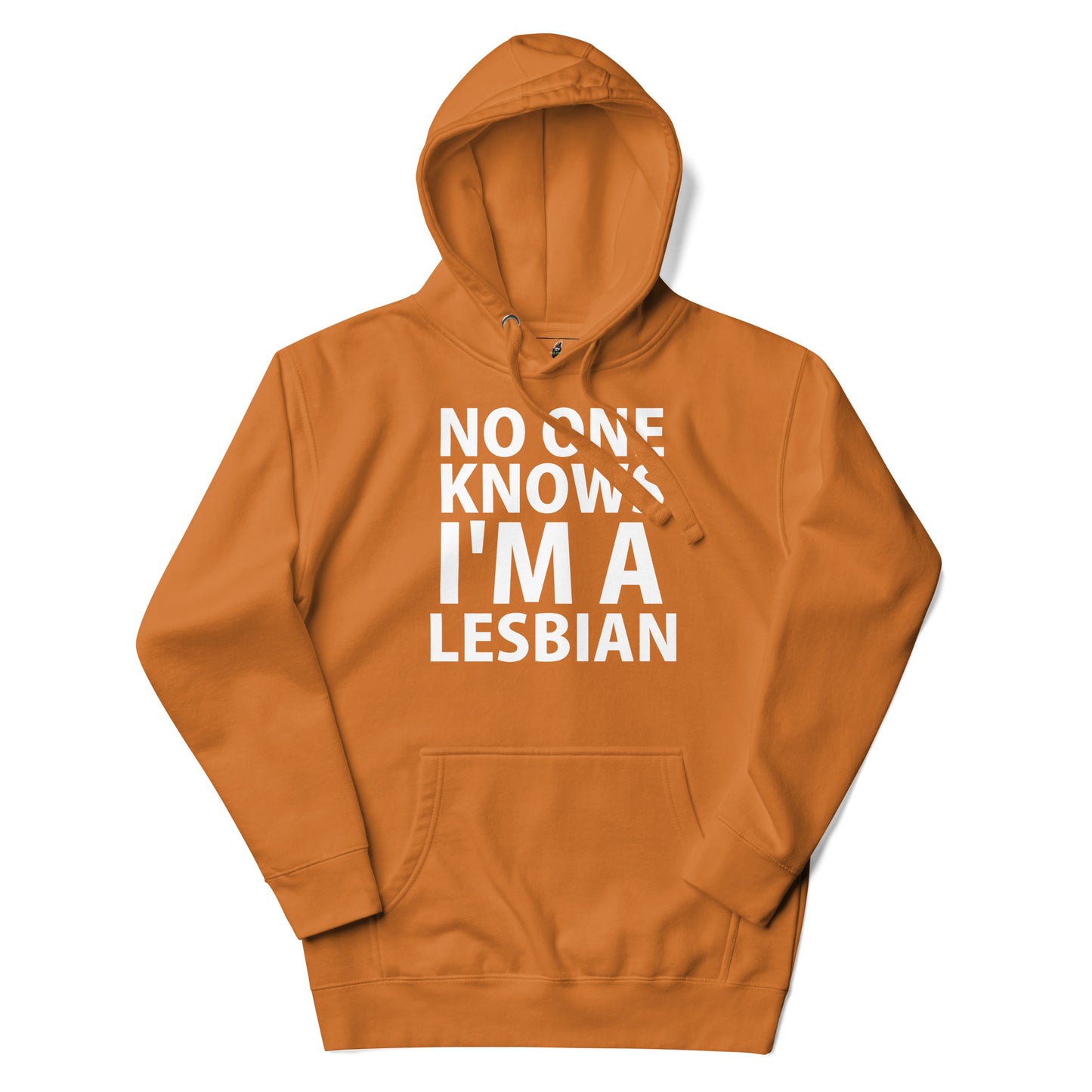 An orange pullover hoodie with the text 'NO ONE KNOWS I'M A LESBIAN' printed in bold white capital letters on the front, displayed against a clean white background.
