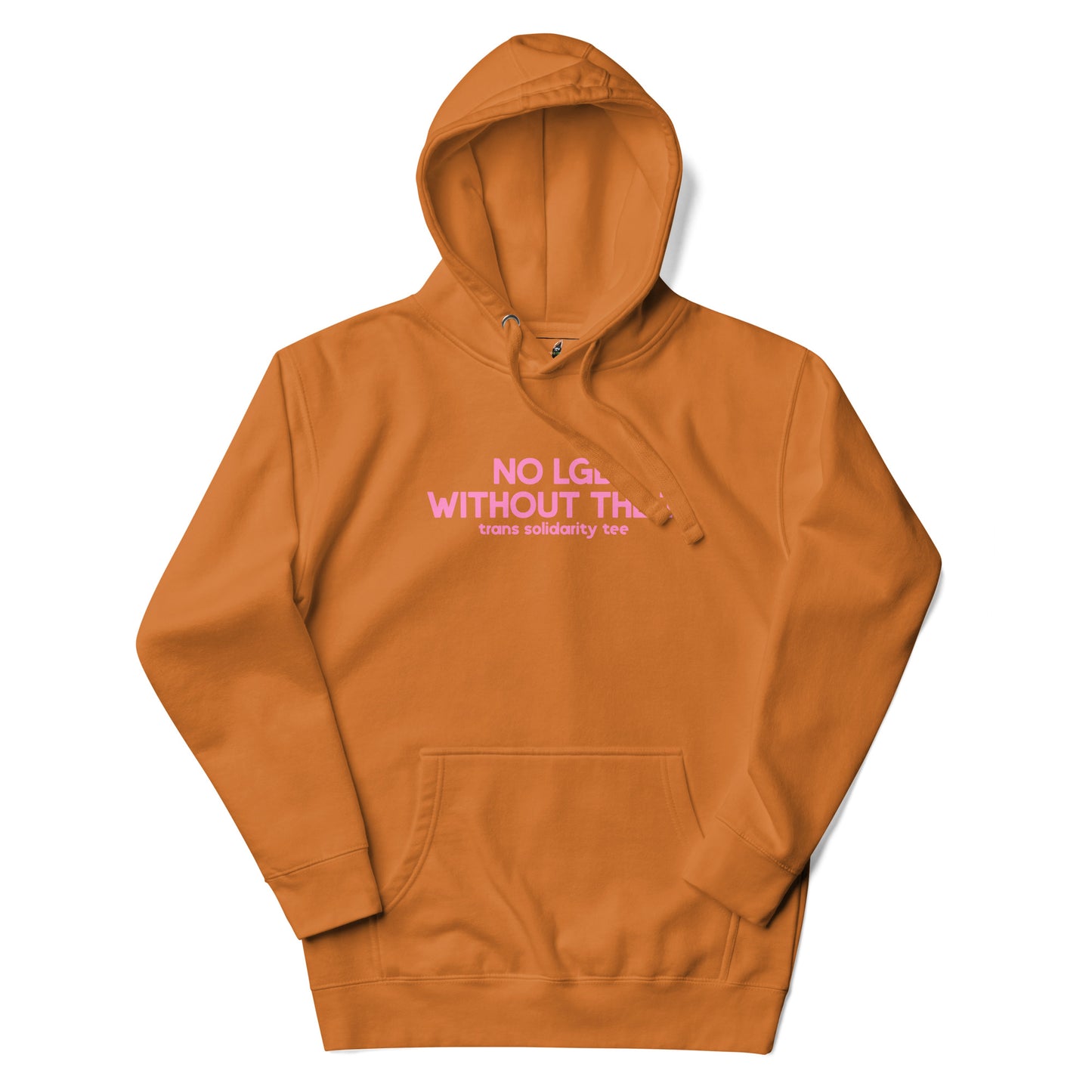 An orange pullover hoodie with a pink graphic text print on the chest reading 'BAN GLITCH NOT DRAG QUEER', displayed against a clean white background.