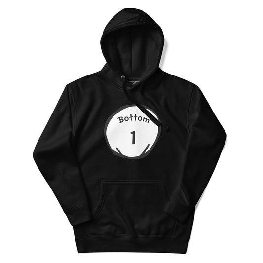 A black pullover hoodie with a white circular graphic on the chest containing the text 'Bottom 1' in black, displayed against a solid white background.