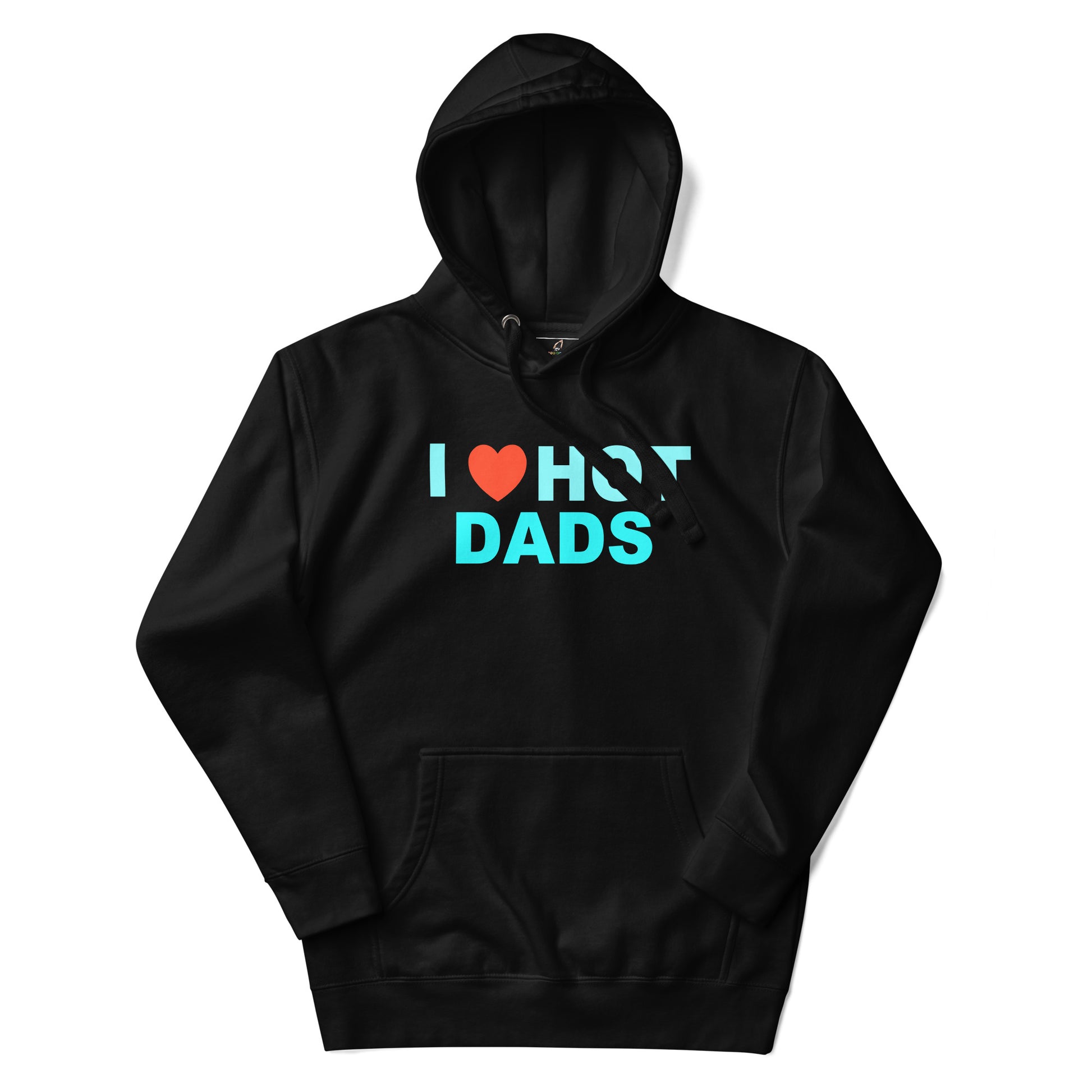 A black pullover hoodie with a front kangaroo pocket and a graphic print reading 'I [red heart] HOT DADS' in light blue and red text, displayed on a clean white background.