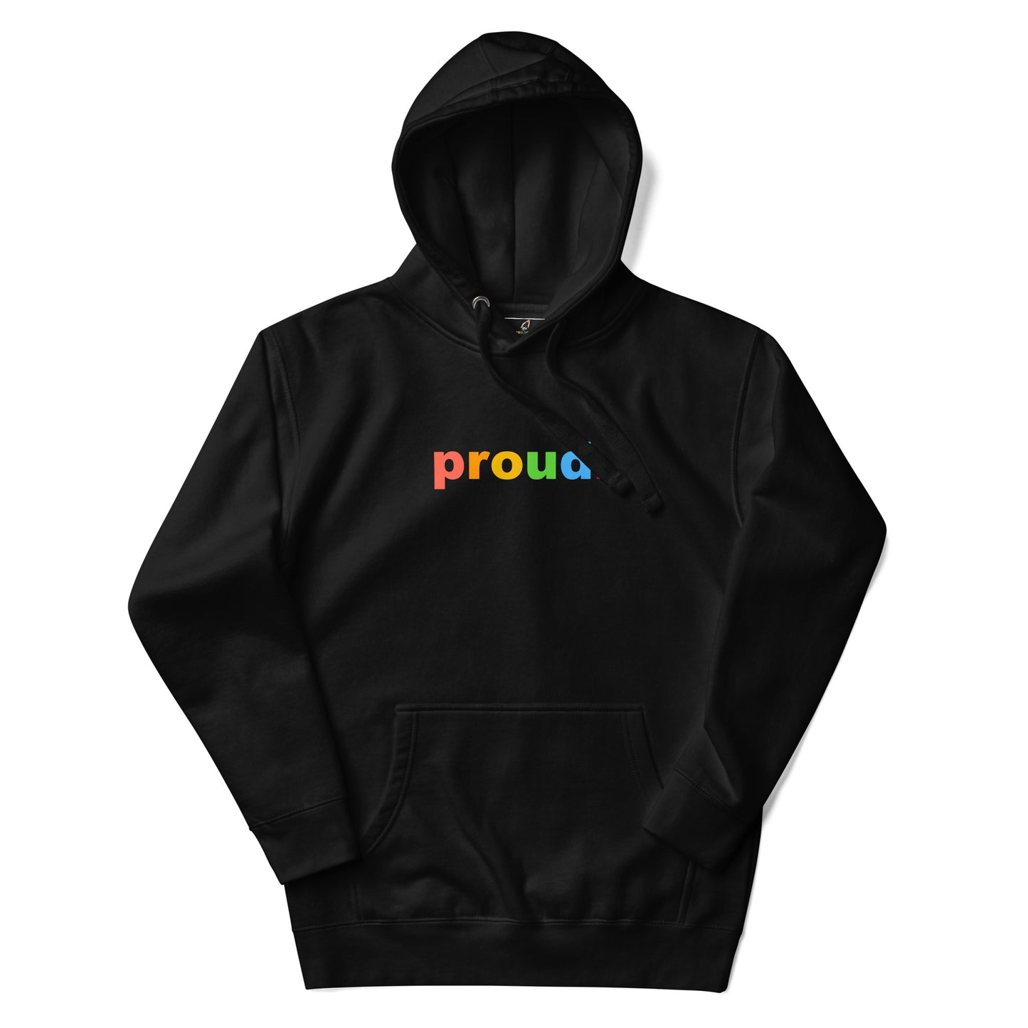 Black hoodie with a colorful graphic and text on a white background