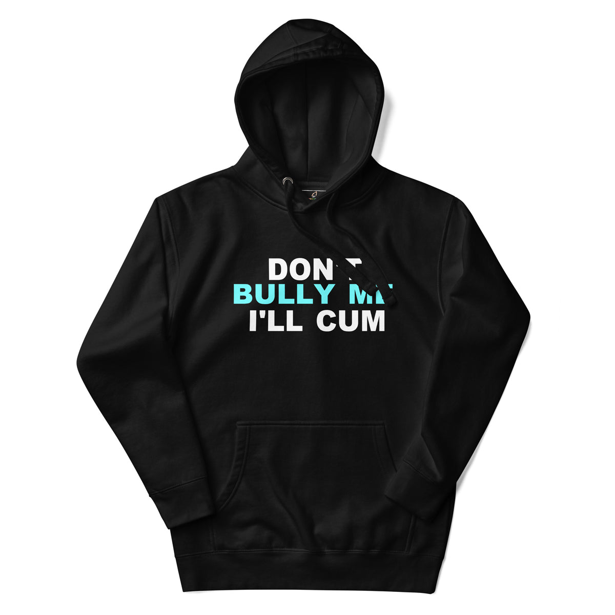 Black hoodie with a white cross and text on a white background