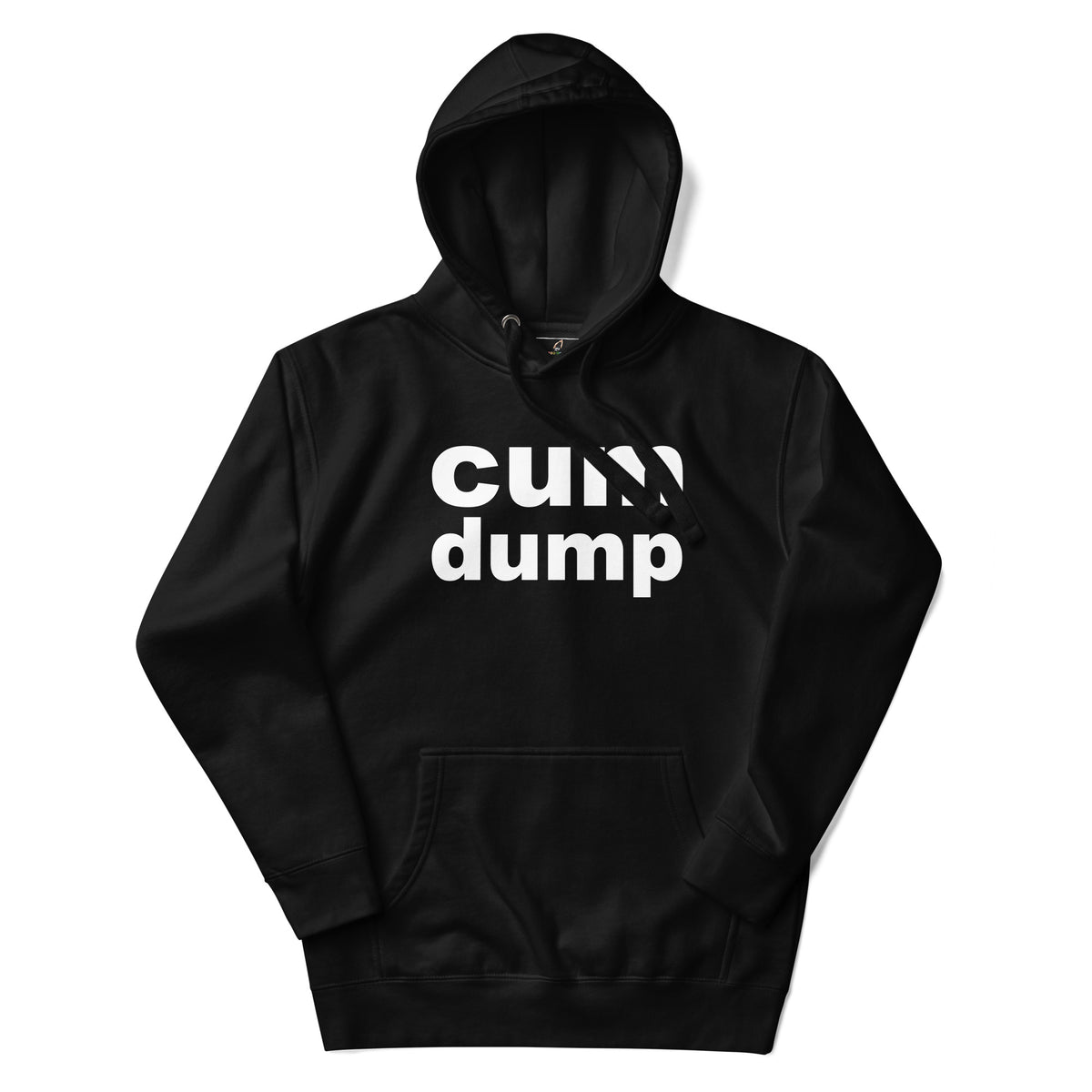 Dark gray hoodie with a white logo on a white background