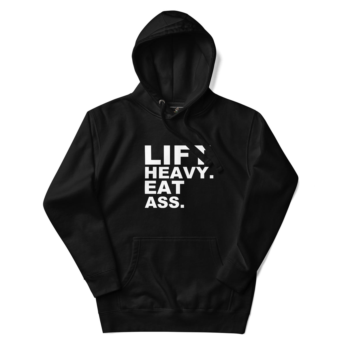 Black hoodie with a logo on a white background