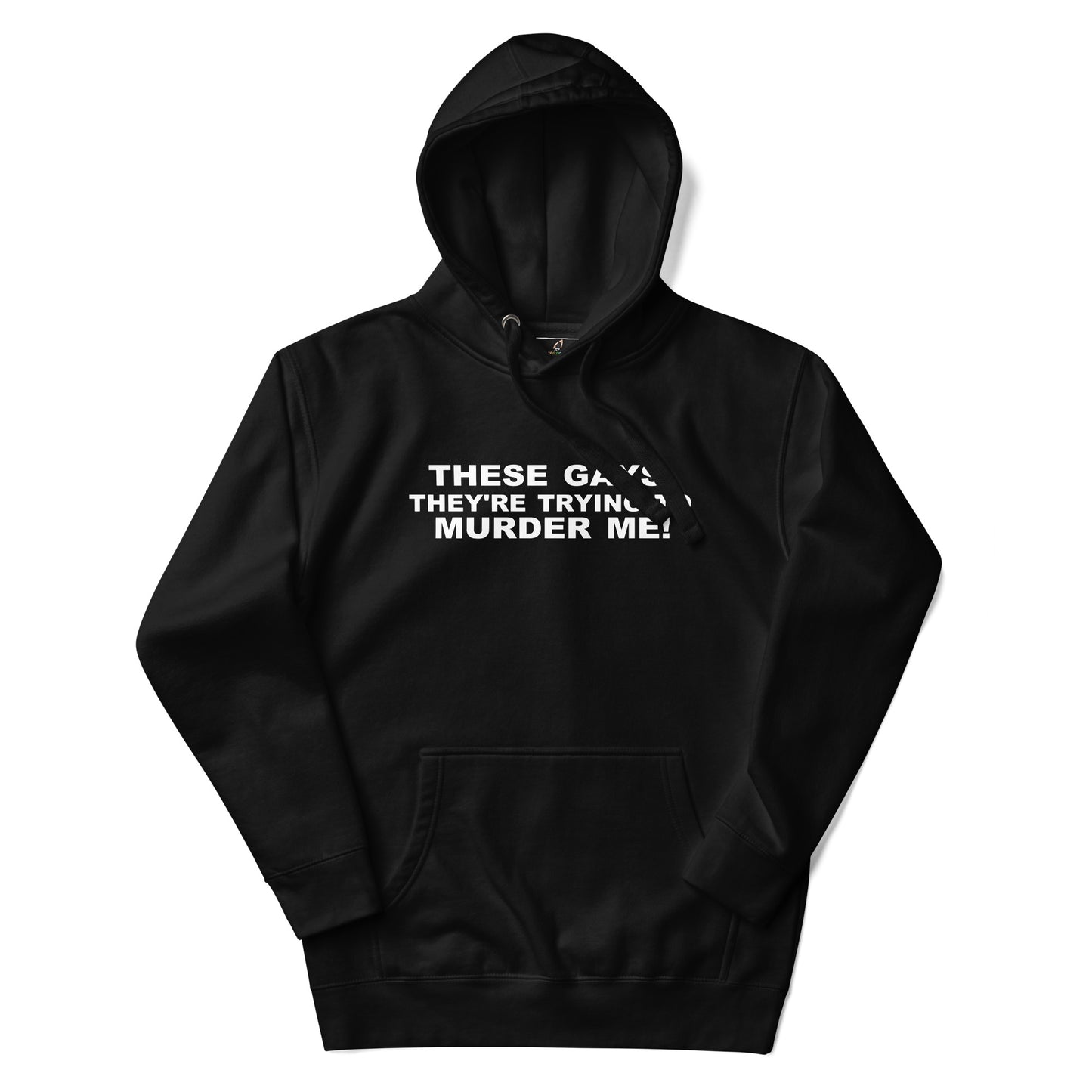 Black hoodie with a graphic design on the chest against a white background