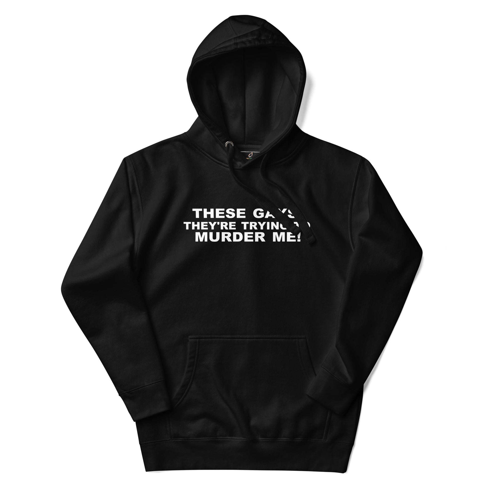 Black hoodie with a graphic design on the chest against a white background