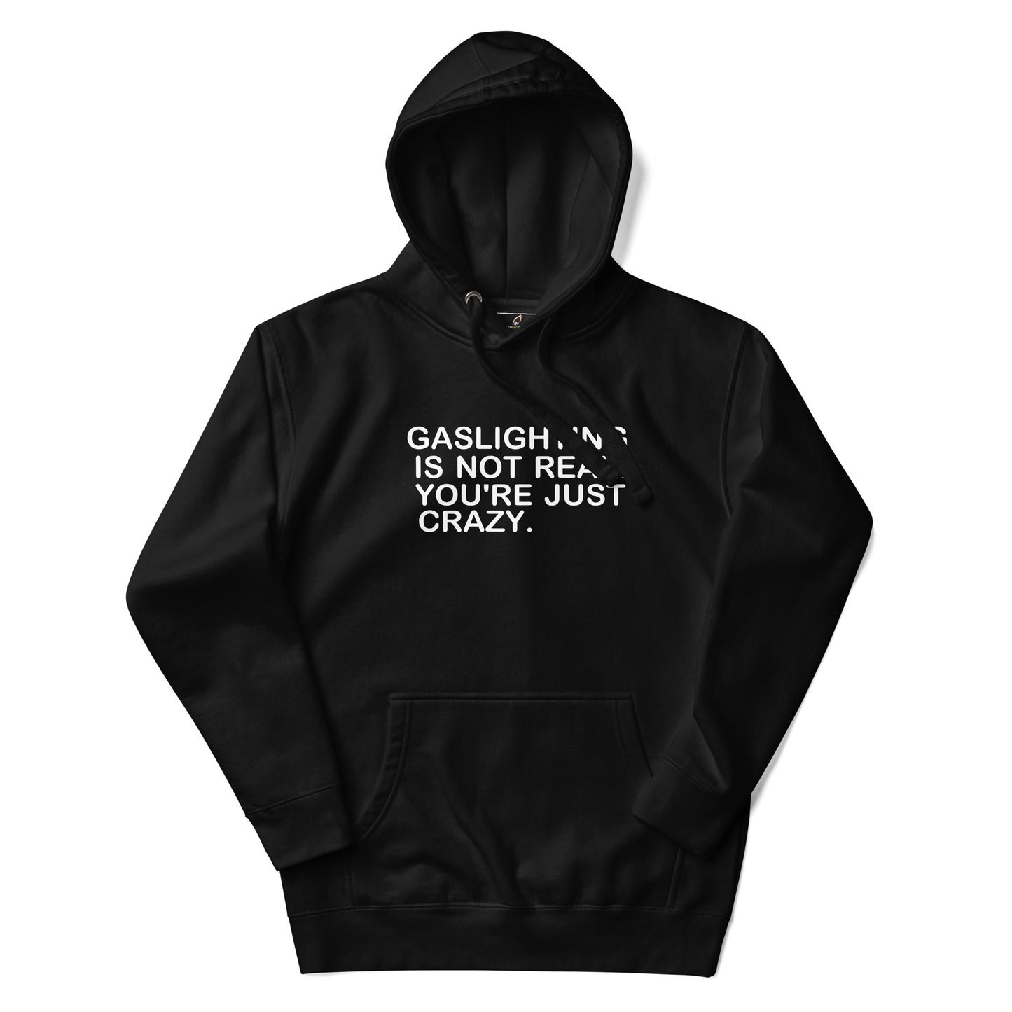 Black hoodie with a brand logo on a white background