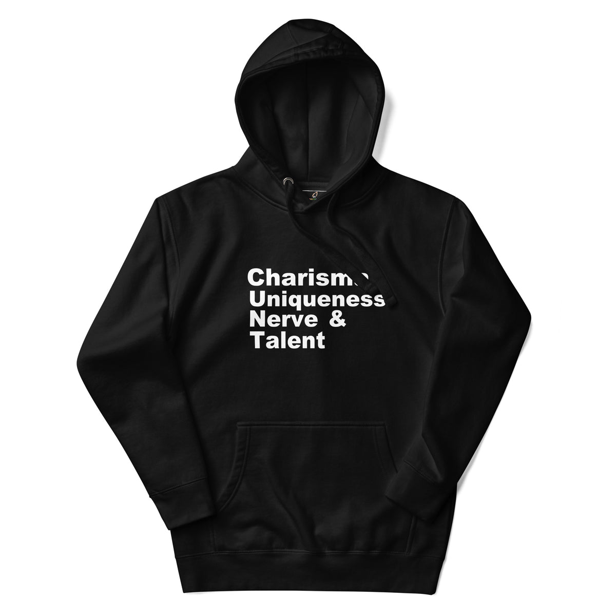 Black hoodie with 'LEVERAGE' definition text on a light gray background