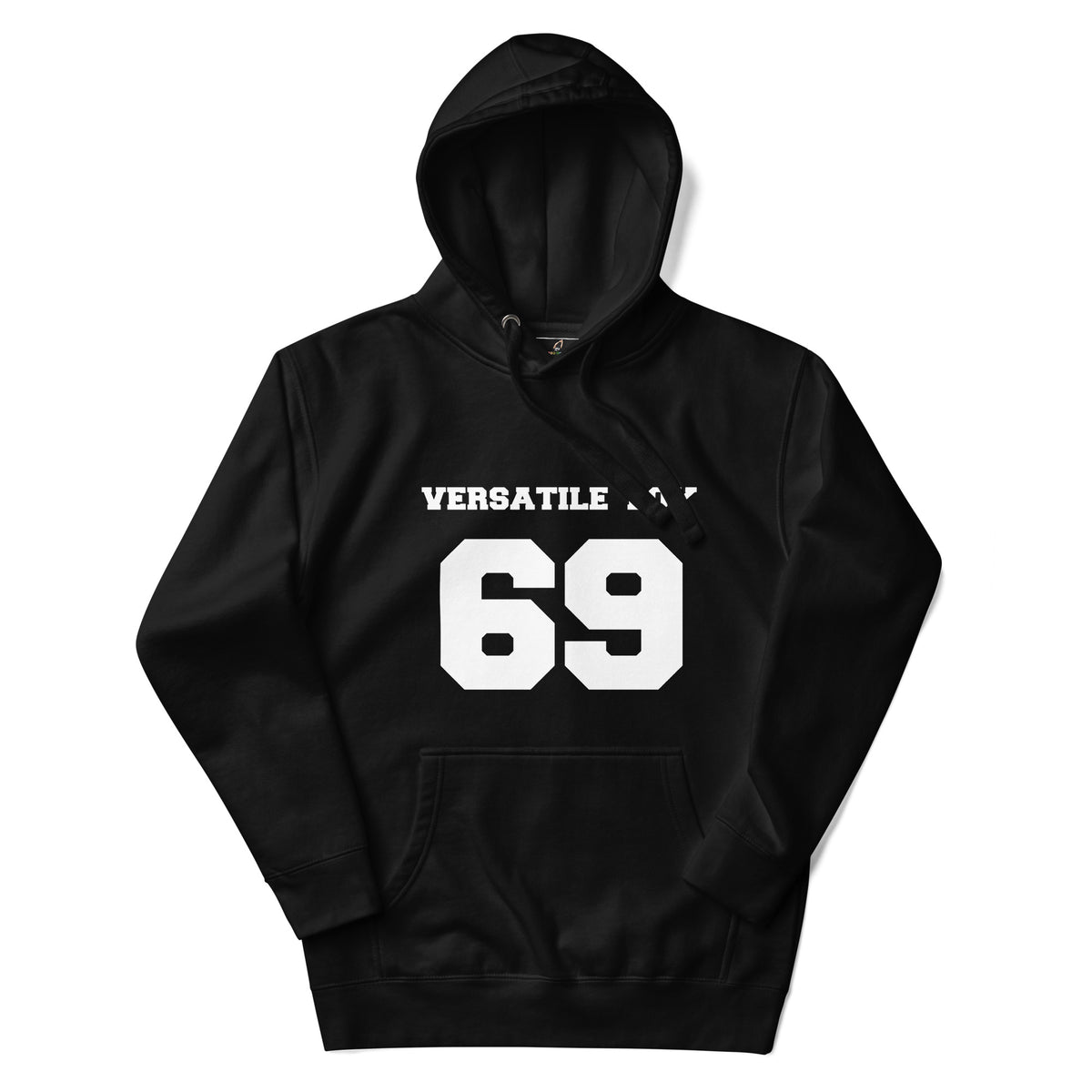 Black hoodie with a colorful graphic design on a white background