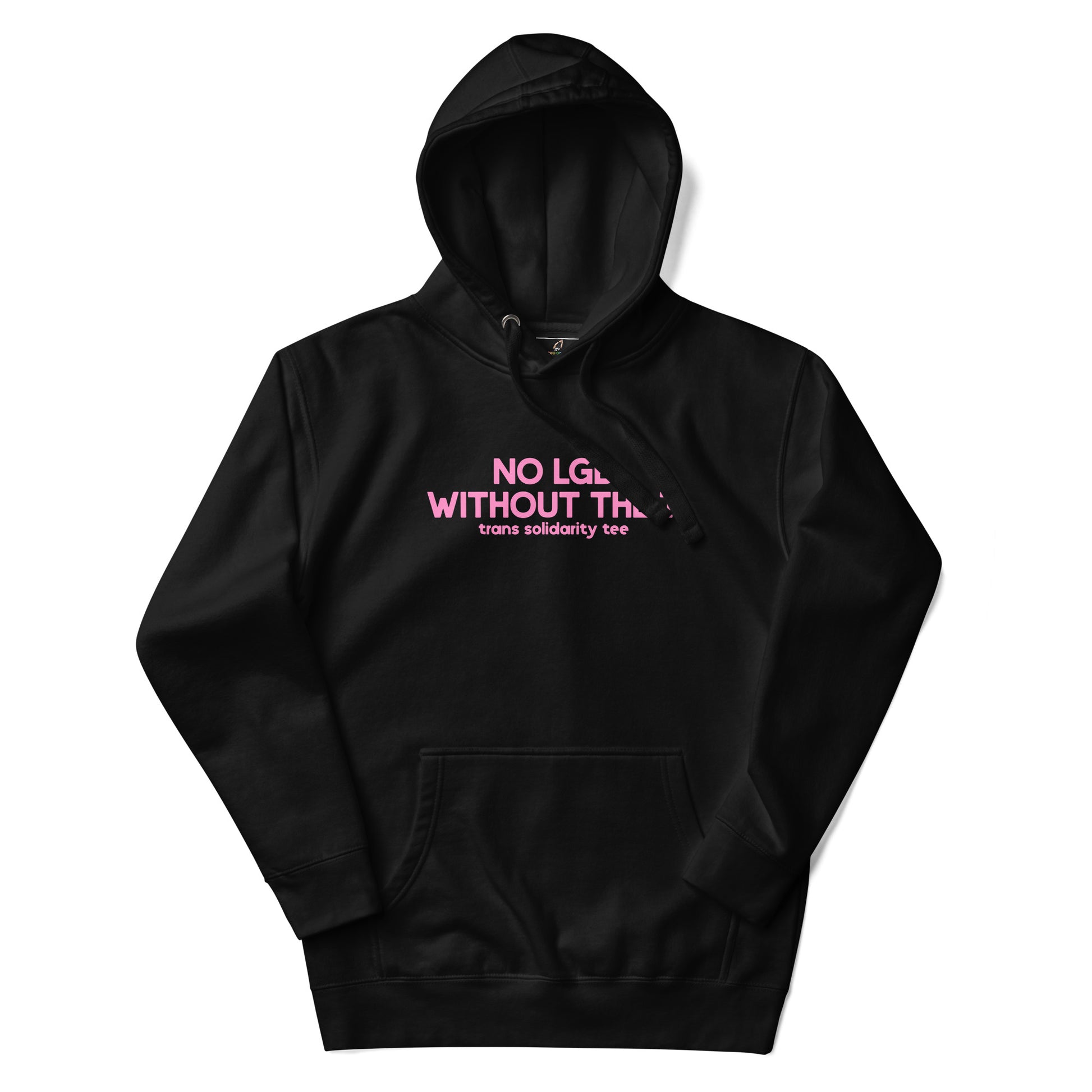 Black hoodie with a small graphic on the chest against a white background