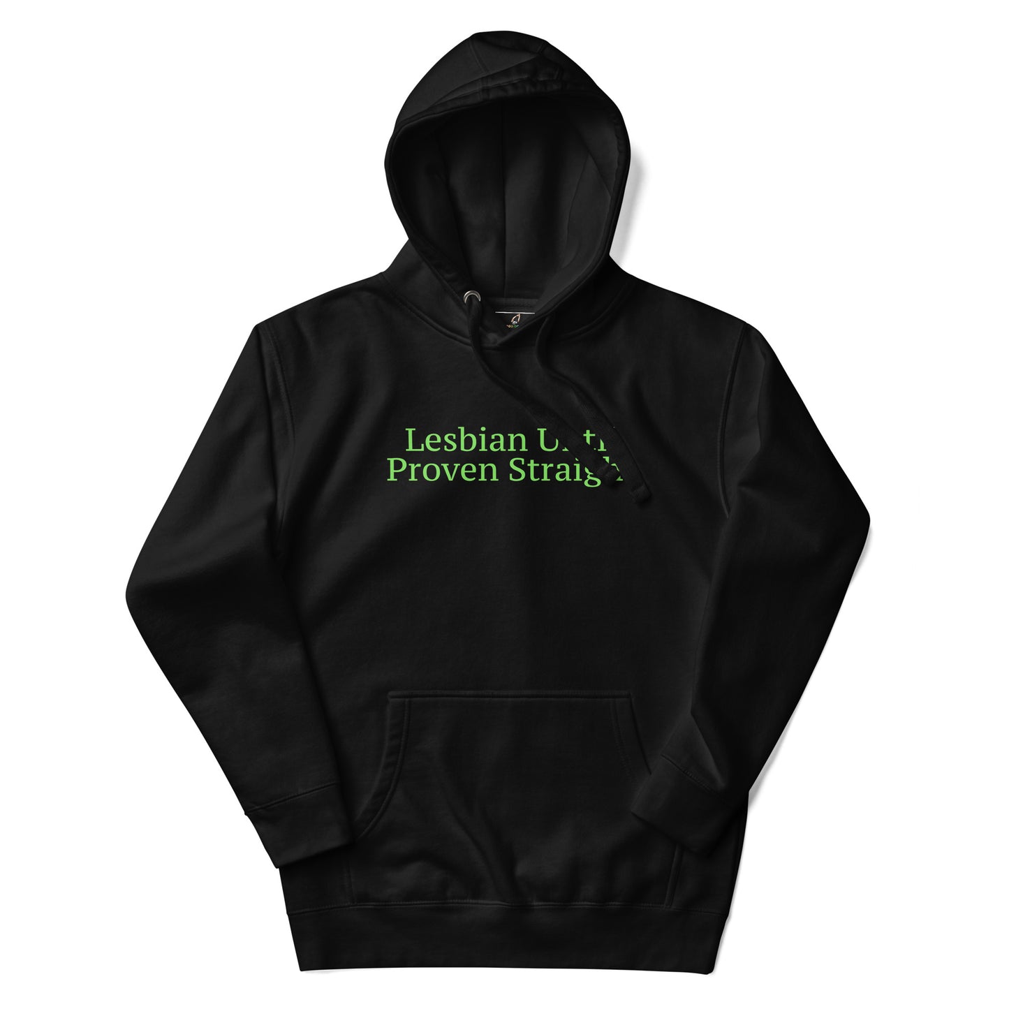 Black hoodie with a white cross and text on a white background