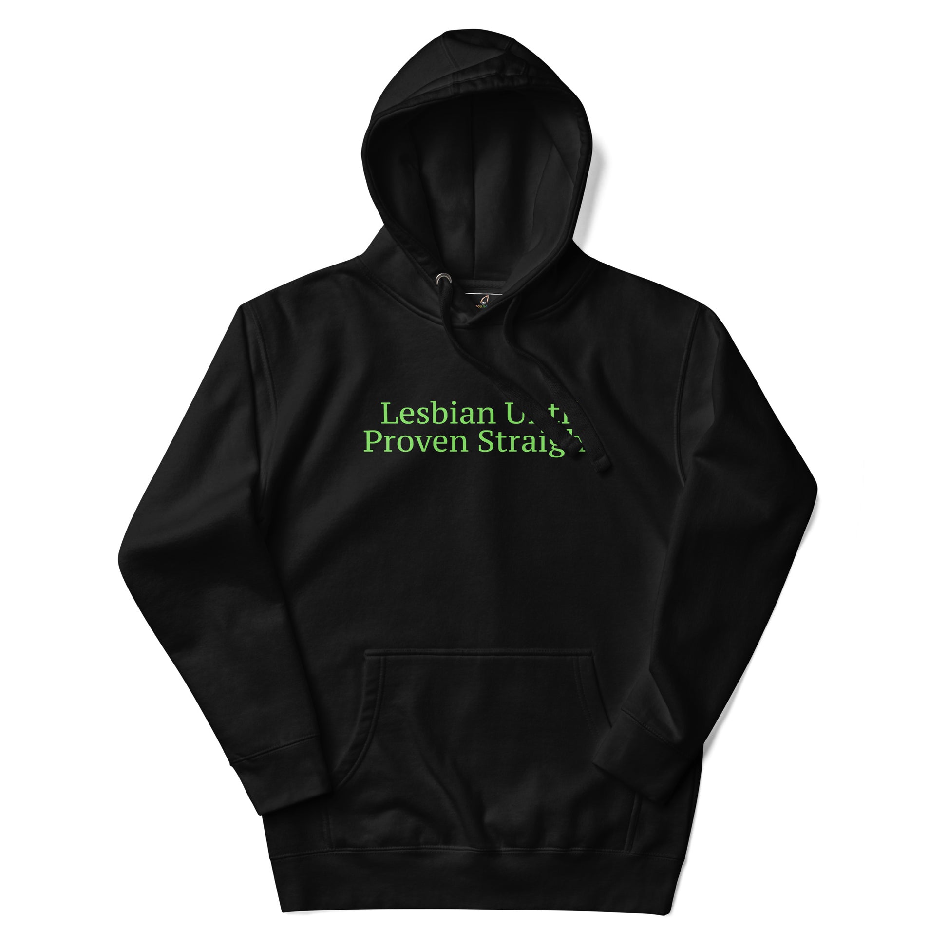Black hoodie with a white cross and text on a white background