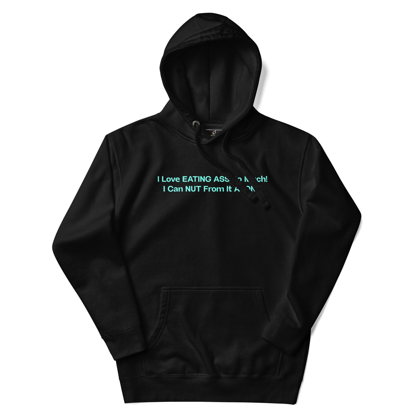 Black hoodie with a white cross and text on a white background