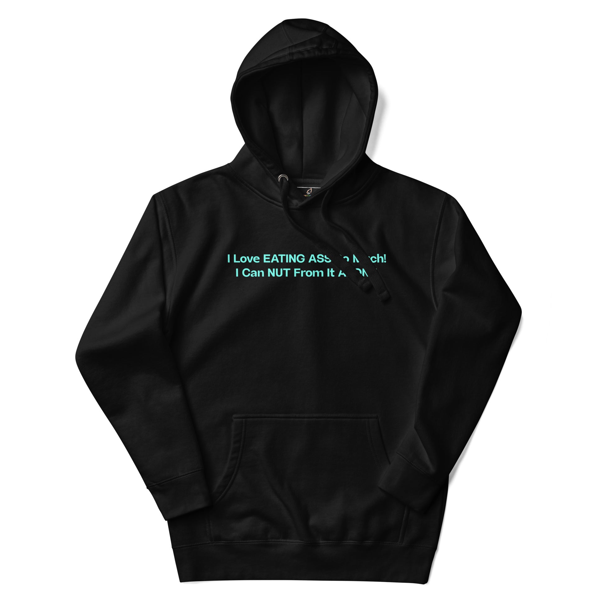 Black hoodie with a white cross and text on a white background