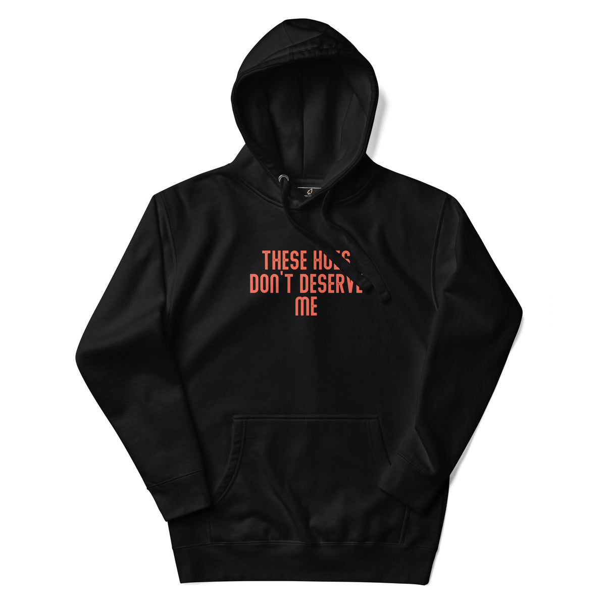 Black hoodie with a small graphic on the chest against a white background