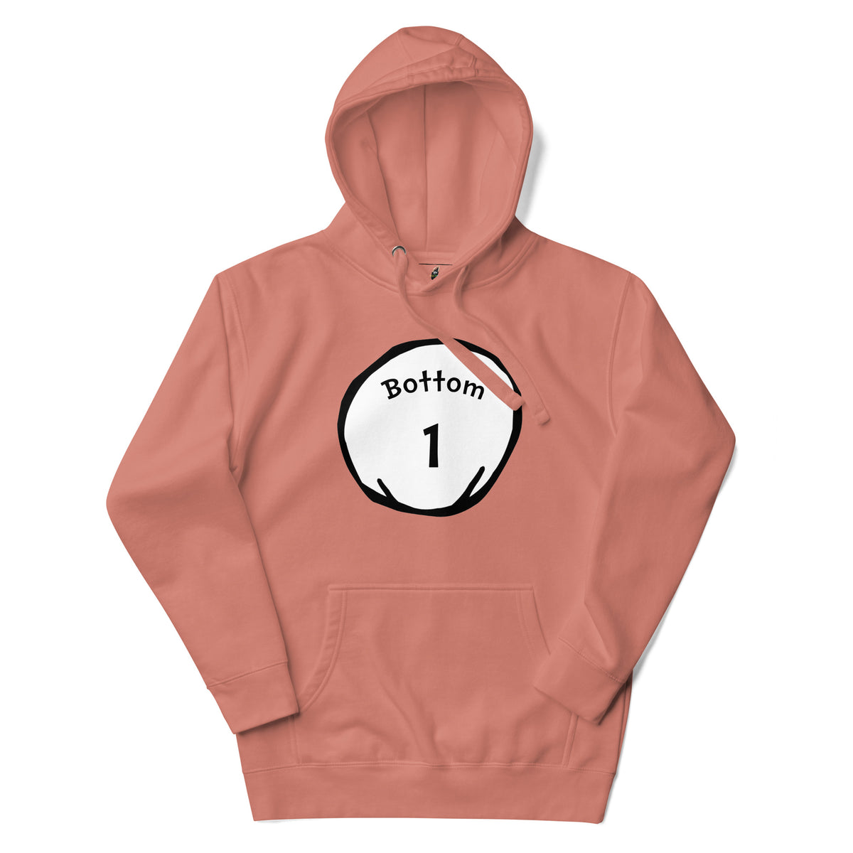 A dusty rose pink pullover hoodie with a white circular graphic on the chest containing the text 'Bottom 1' in black, displayed against a solid white background.