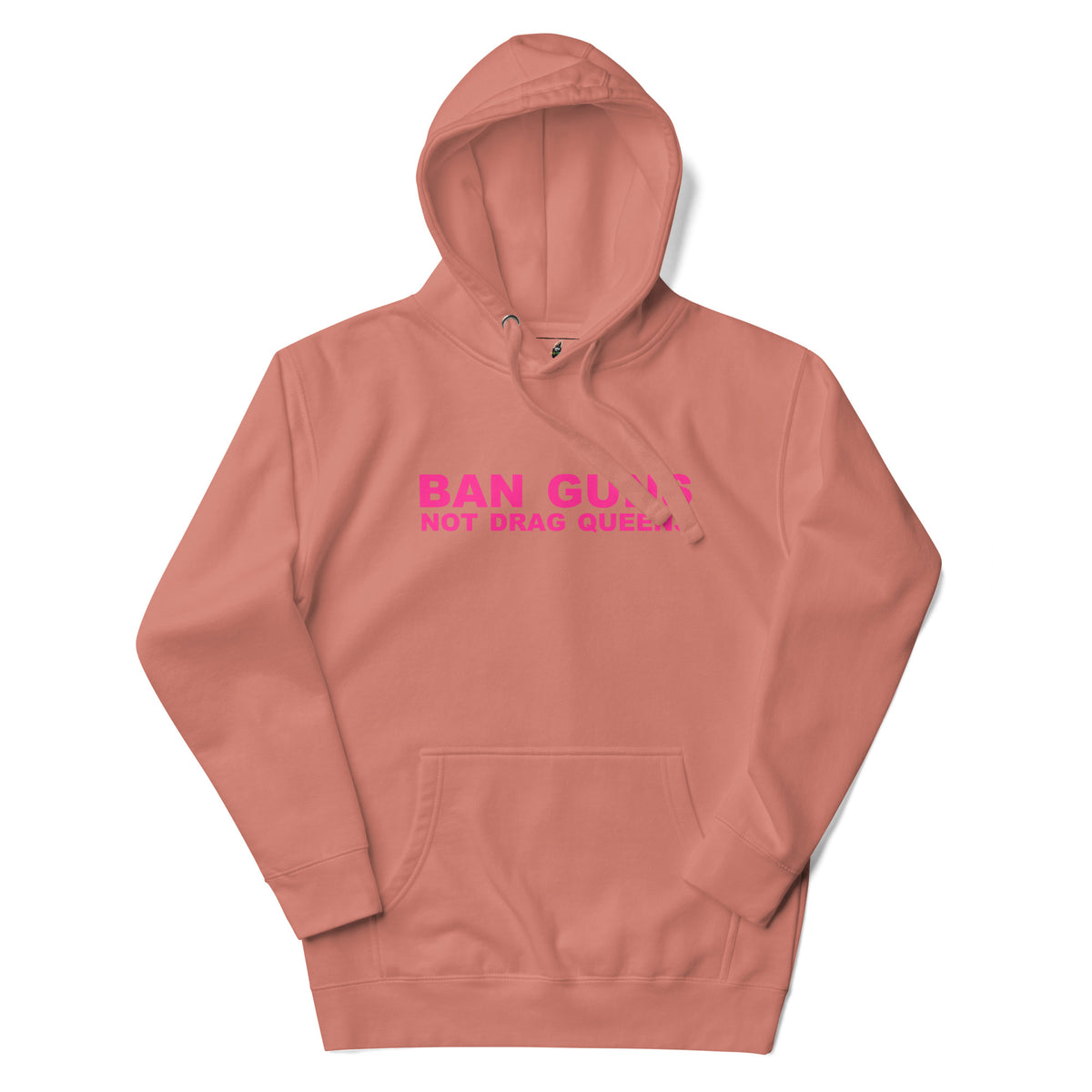 A dusty rose pink pullover hoodie with a front kangaroo pocket and a bright pink graphic text reading 'BAN GLADIATORS NOT BRAD BURNS' on the chest, displayed on a clean white background.