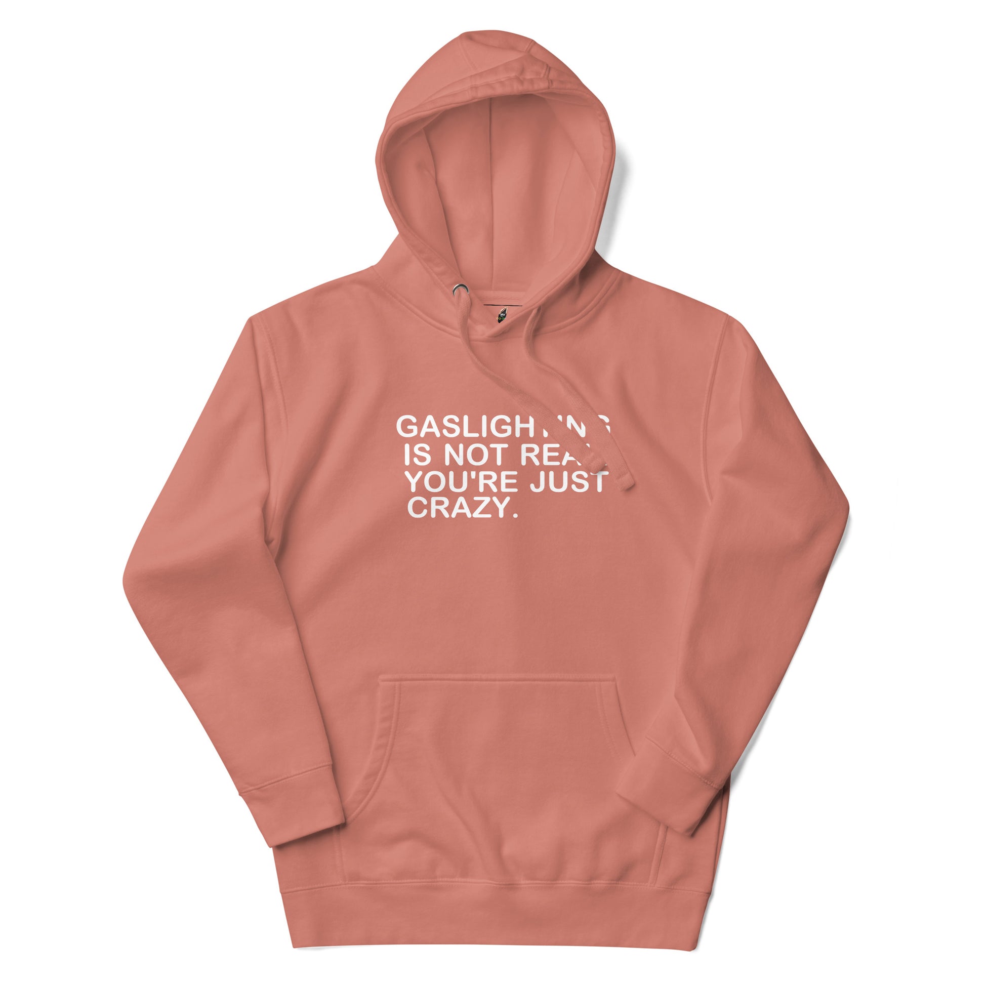 Coral hoodie with 'I suffer from BRAIN R01' text on a white background