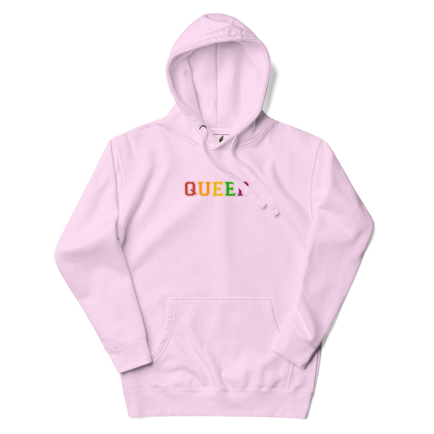 A light pink pullover hoodie with the word 'QUEEN' printed across the chest in a rainbow gradient, displayed on a clean white background.