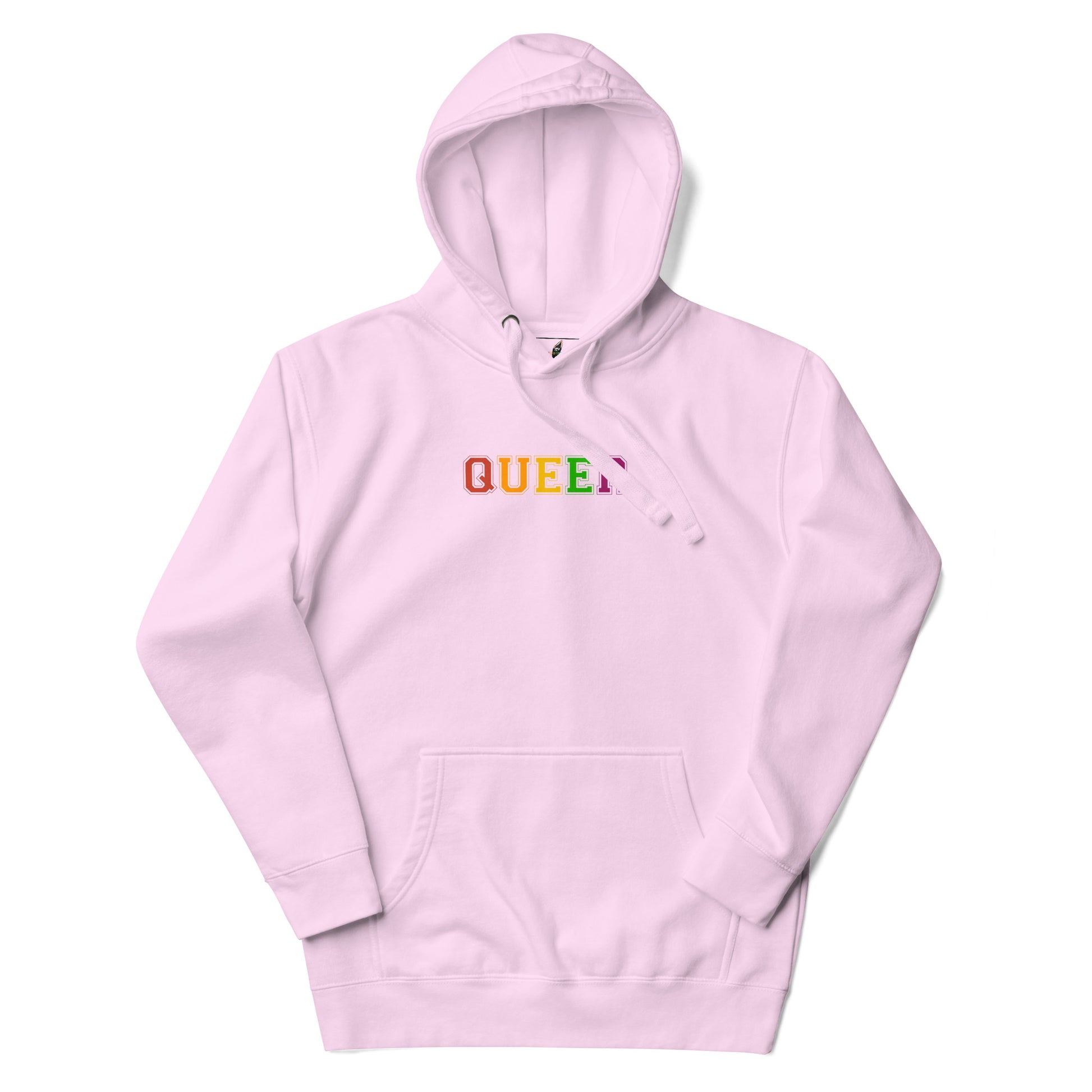 A light pink pullover hoodie with the word 'QUEEN' printed across the chest in a rainbow gradient, displayed on a clean white background.