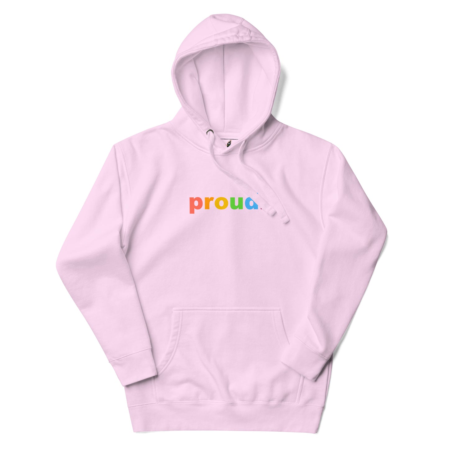 A light pink pullover hoodie with the word 'proua.' printed across the chest in rainbow colors, displayed on a clean white background.