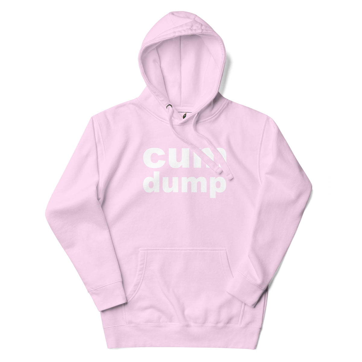 A light pink pullover hoodie with a white 'cunn dump' graphic printed across the chest, displayed on a clean white background.