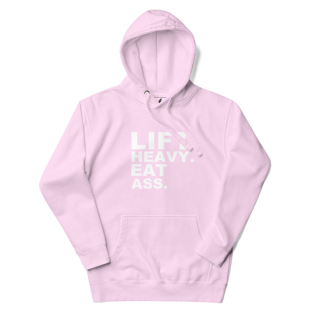 Light pink hoodie with a small white logo on a white background
