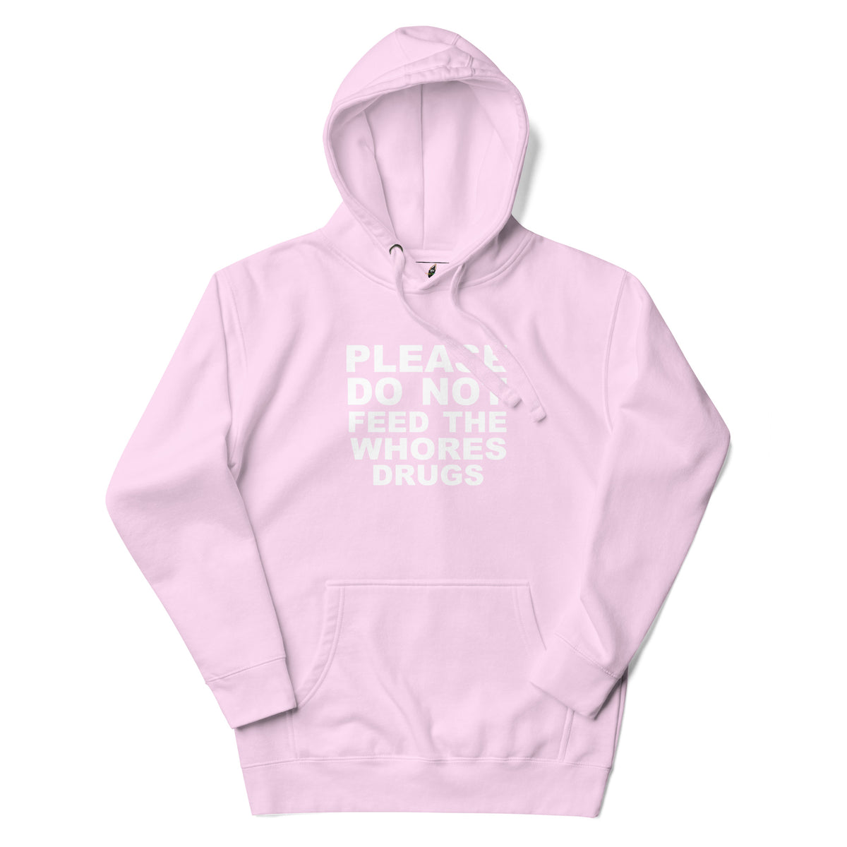 A light pink pullover hoodie with a white graphic text print on the front reading 'PLEASE DO NOT FEED THE WHORES DRUGS'. The hoodie is shown flat against a clean white background.