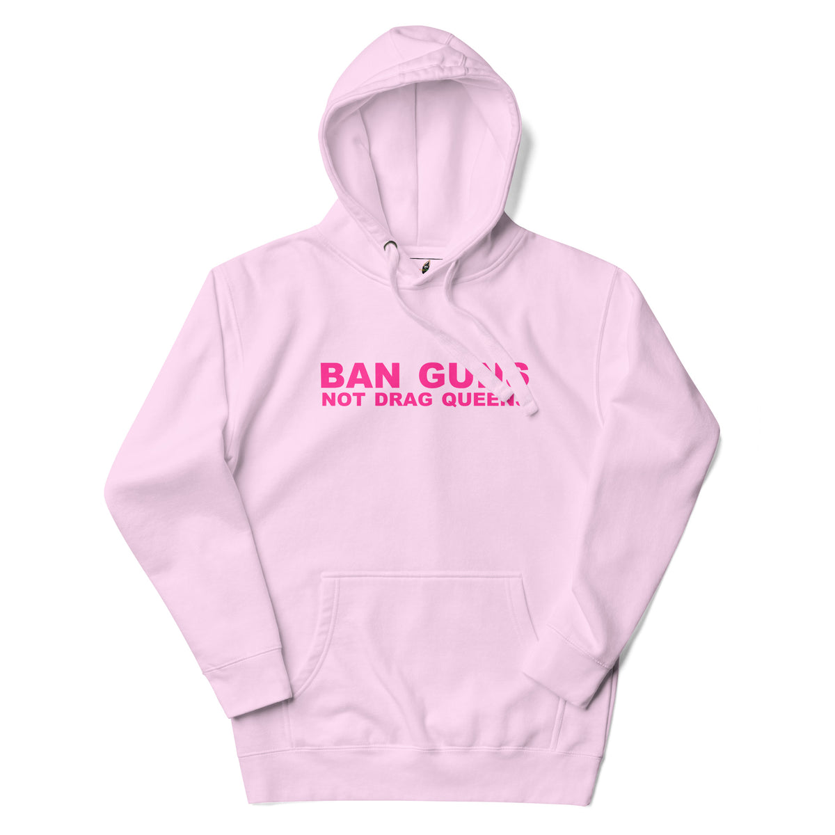 A light pink pullover hoodie with a front kangaroo pocket and a pink text graphic reading 'BAN GUNS NOT DRAG QUEERAS' across the chest, shown on a plain white background.