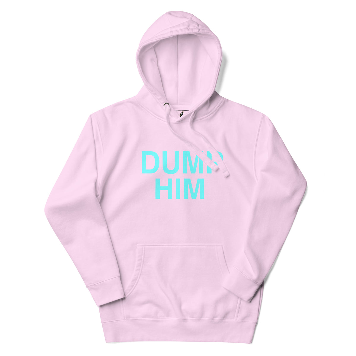 A light pink pullover hoodie with the words 'DUMP HIM' printed in a bright cyan font across the chest, displayed on a clean white background.