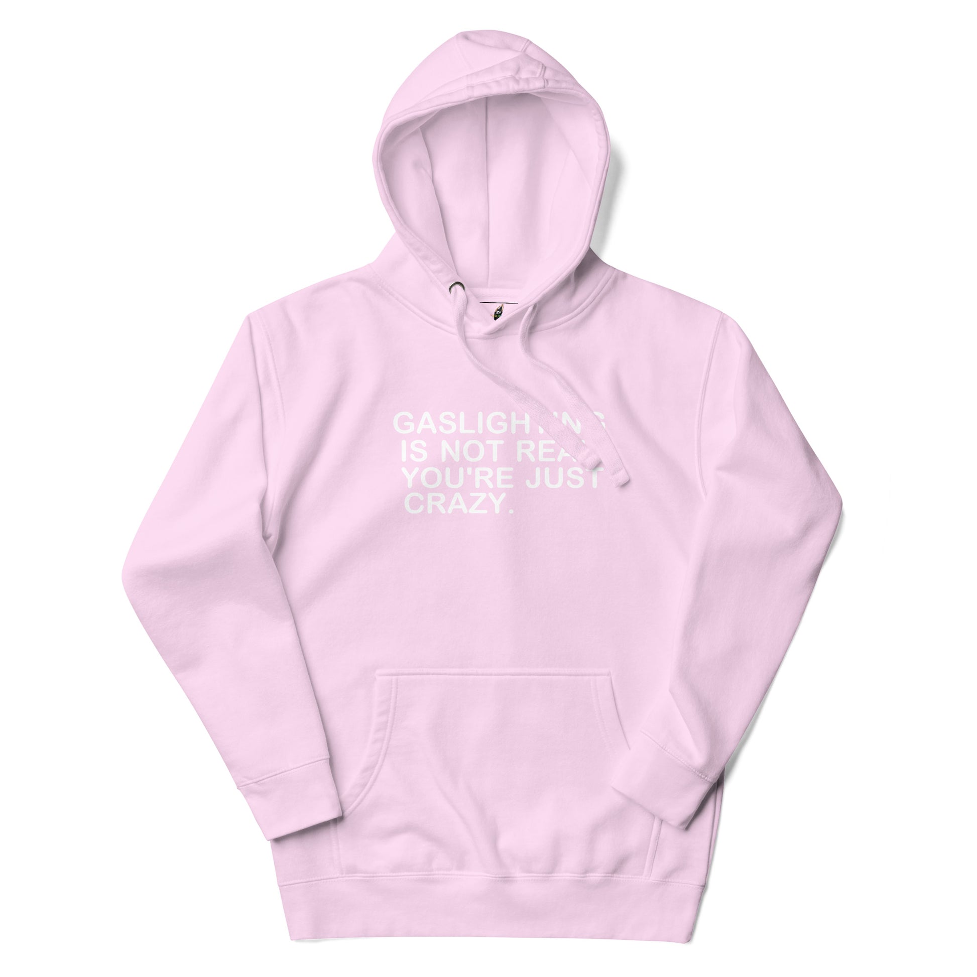 A light pink pullover hoodie with a front kangaroo pocket and a white printed text graphic reading 'GASLIGHTING IS NOT REAL. YOU'RE JUST CRAZY.