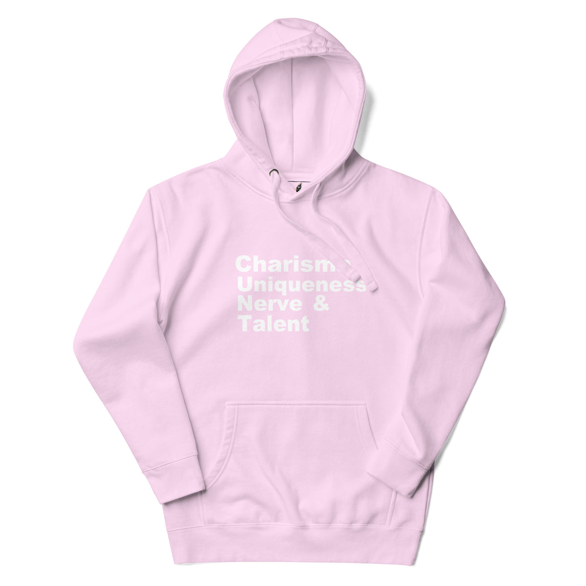 Light pink hoodie with a small white logo on a white background