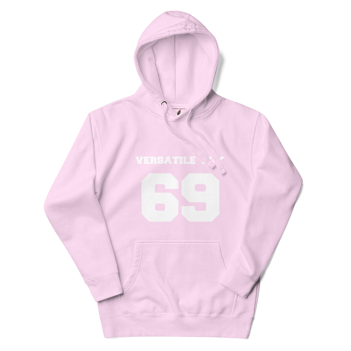 A light pink pullover hoodie with a white graphic print on the front reading 'VERSATILE' above a large number '69', shown on a plain white background.