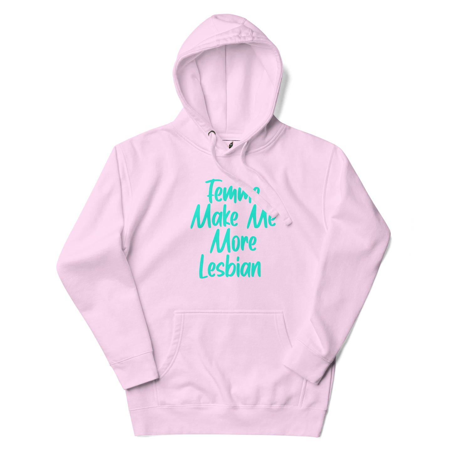 A light pink pullover hoodie with a front kangaroo pocket and a teal cursive text graphic reading 'Femmn, Make Me More Lesbian' on the chest, displayed against a solid white background.