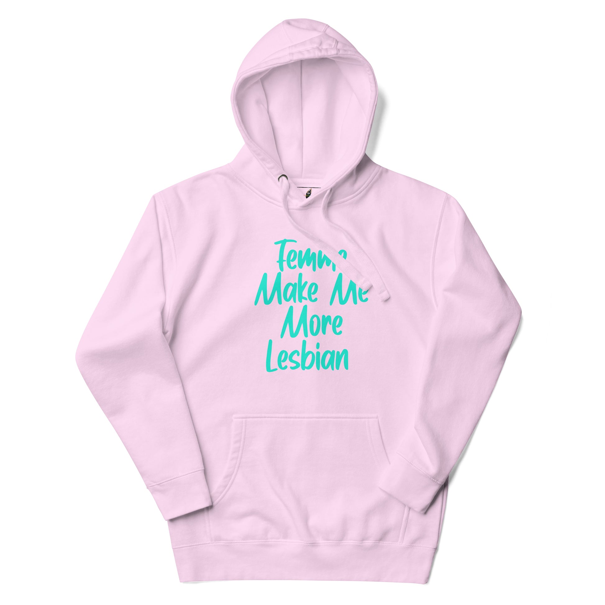 A light pink pullover hoodie with a front kangaroo pocket and a teal cursive text graphic reading 'Femmn, Make Me More Lesbian' on the chest, displayed against a solid white background.