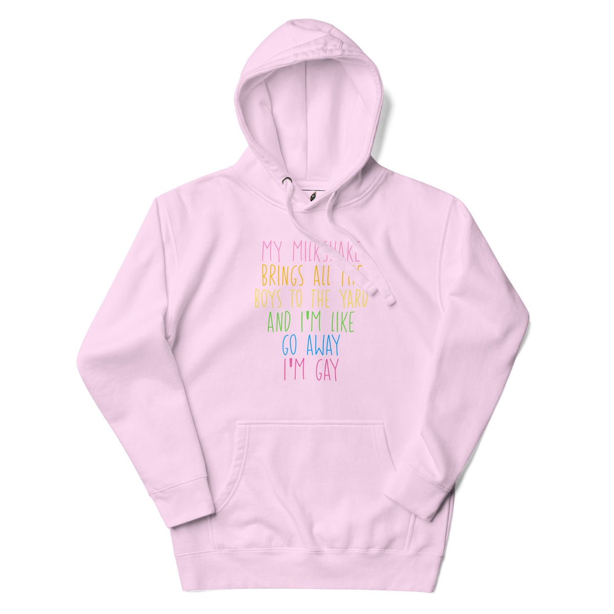 A light pink pullover hoodie with a front kangaroo pocket and a colorful text graphic on the chest that reads, 'MY MILF MARK BRINGS ALL THE BOYS TO THE YARD AND I'M LIKE GO AWAY I'M GAY'.