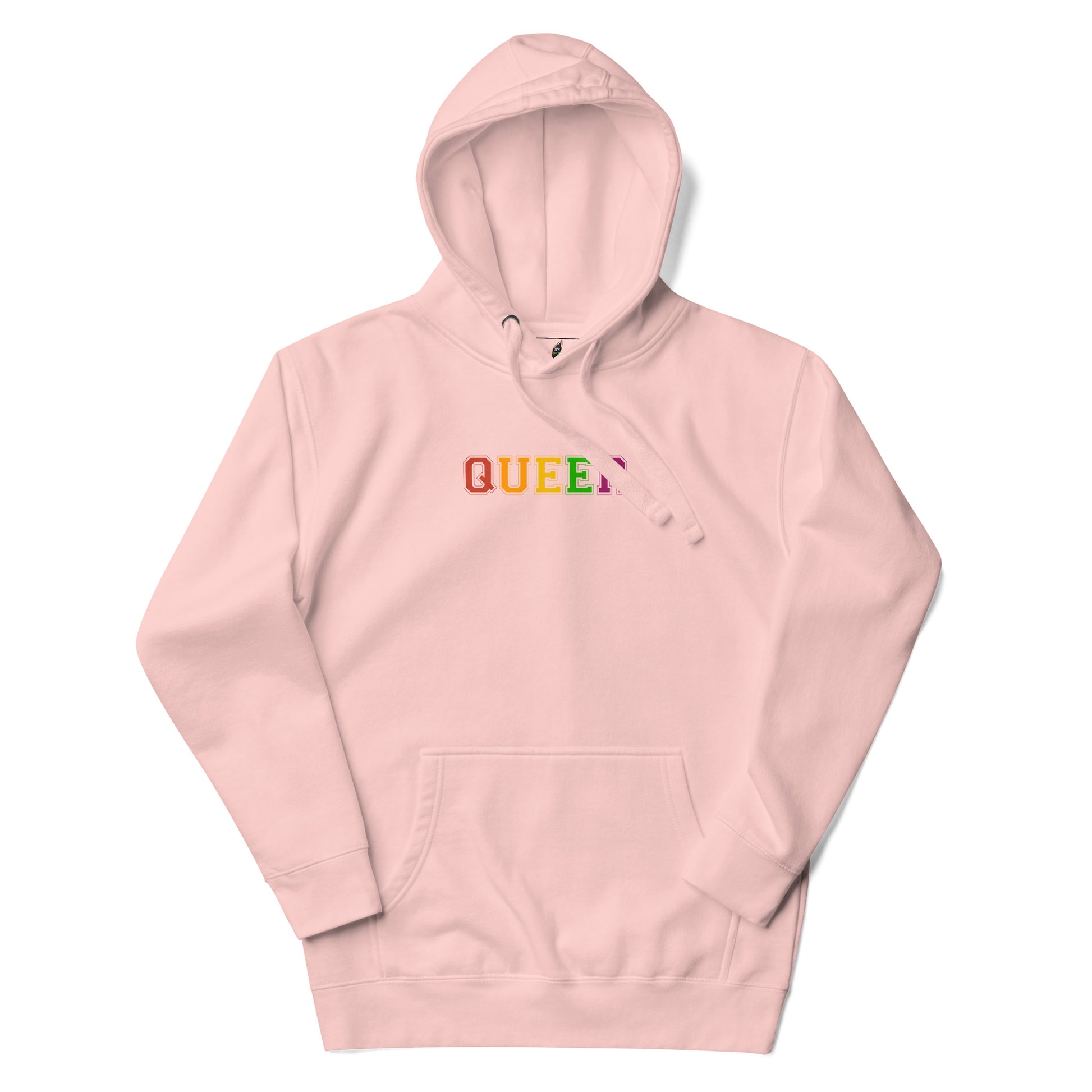 A light pink pullover hoodie with the word 'QUEEN' printed across the chest in a rainbow gradient, shown against a plain white background.
