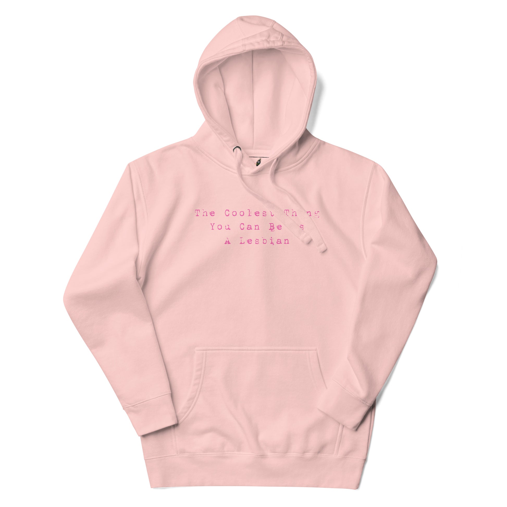 Pink hoodie with a small logo on a white background