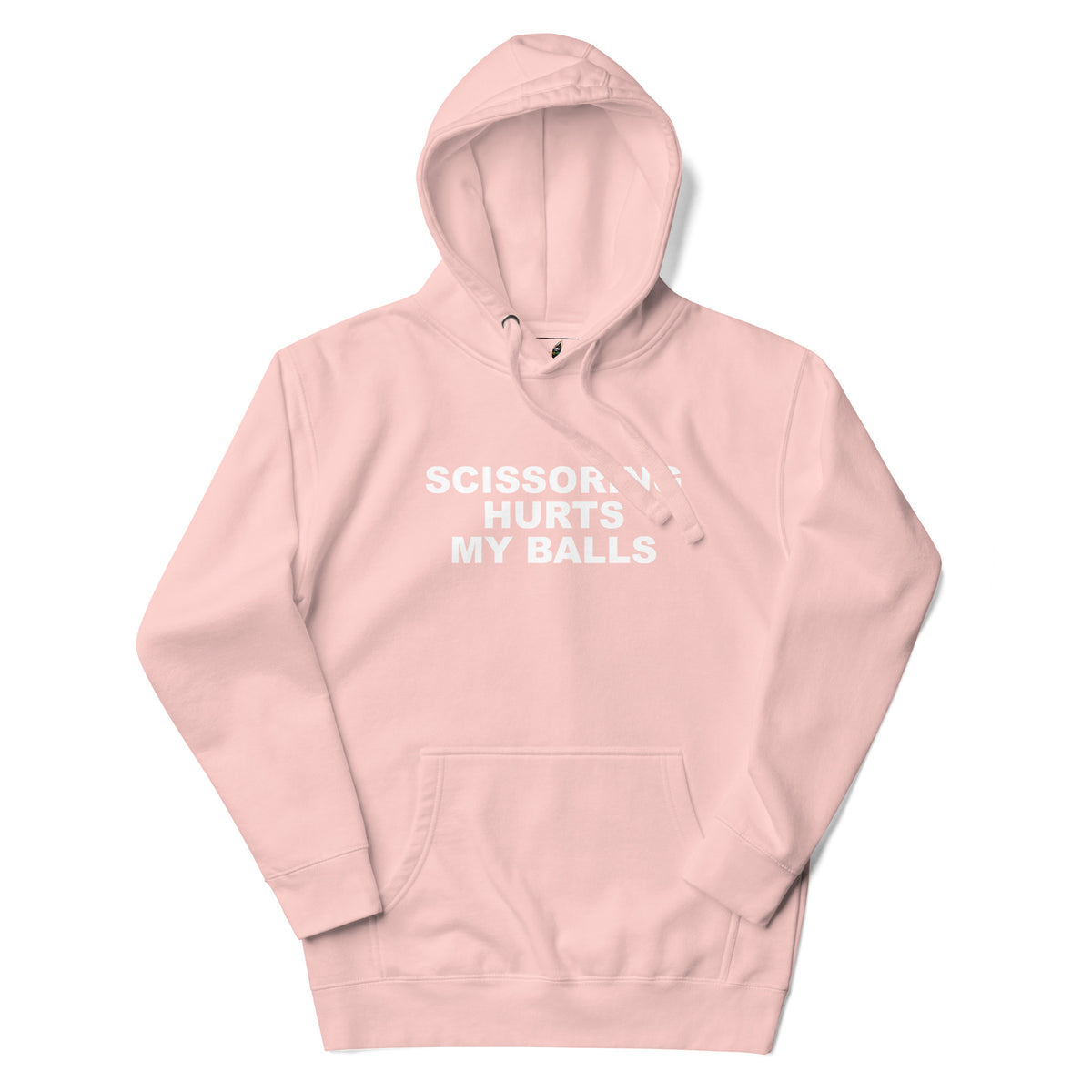A light pink pullover hoodie with white text on the chest reading 'SCISSOR MURUS HURTS MY BALLS', displayed on a clean white background.
