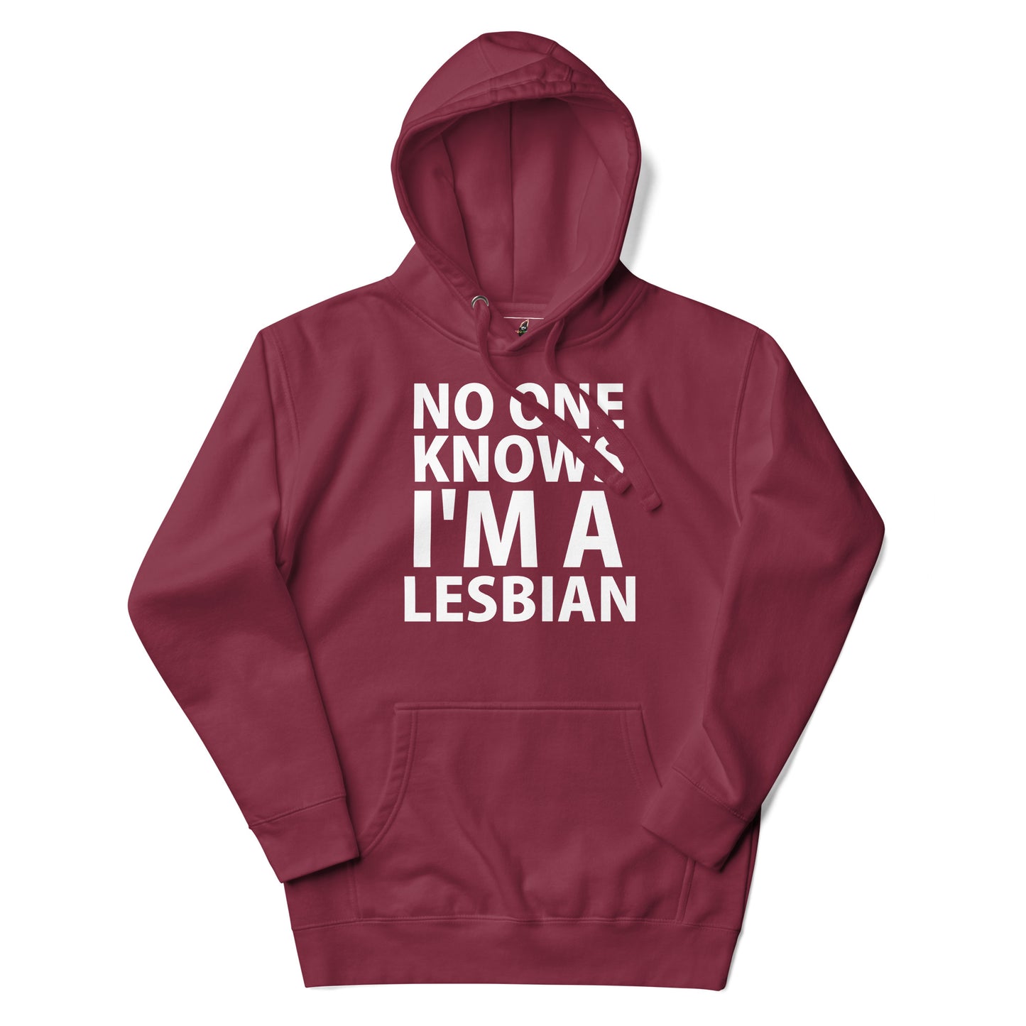 A maroon pullover hoodie with white text on the front reading 'NO ONE KNOWS I'M A LESBIAN', displayed against a plain white background.