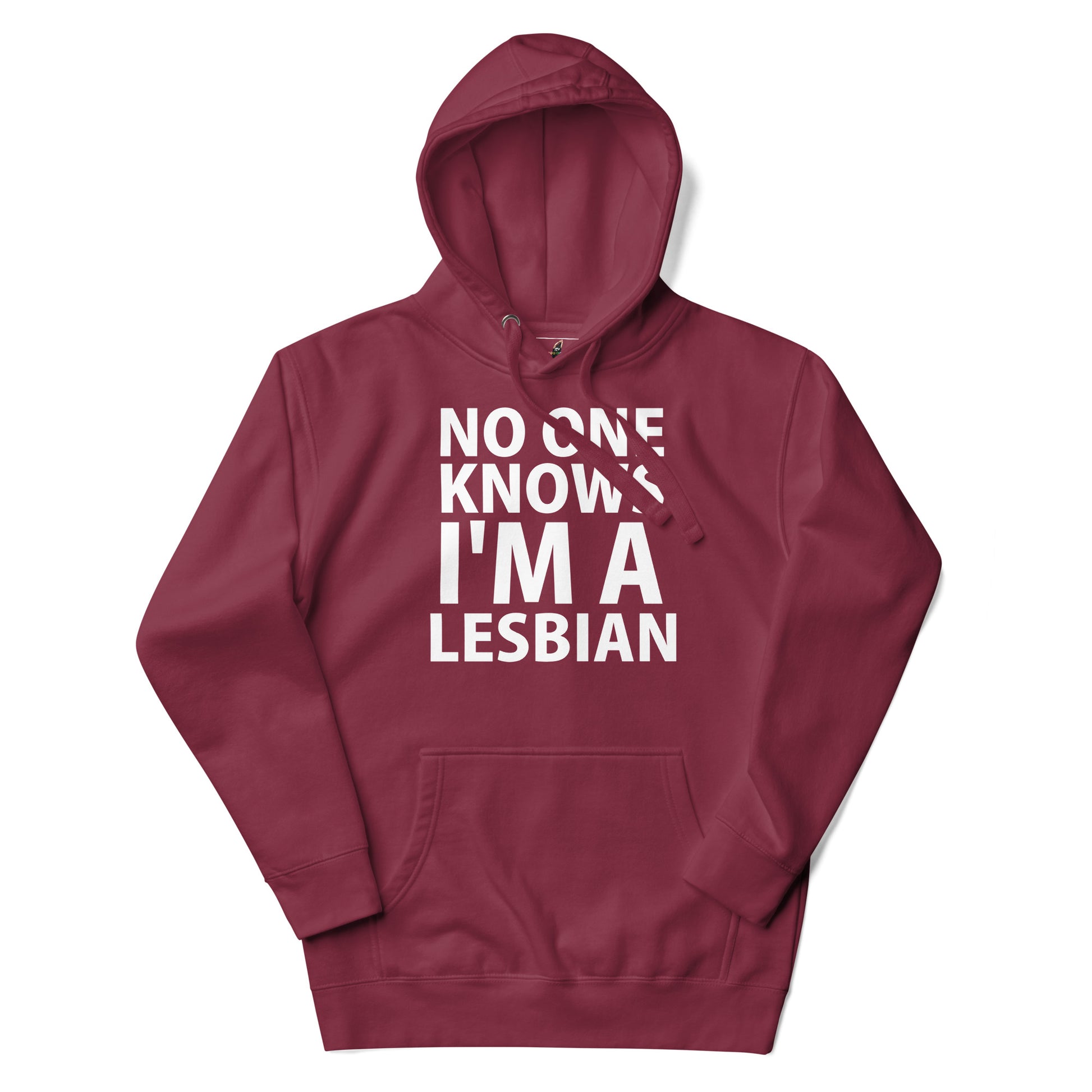 A maroon pullover hoodie with white text on the front reading 'NO ONE KNOWS I'M A LESBIAN', displayed against a plain white background.