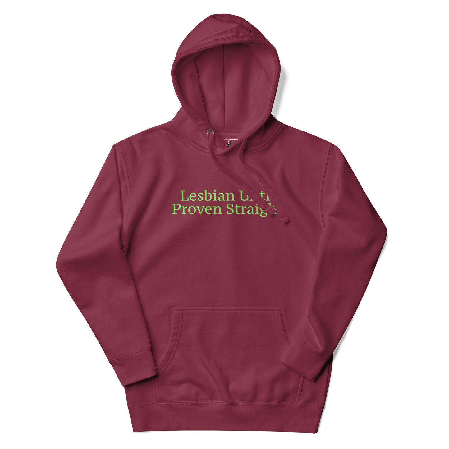 Maroon hoodie with a small graphic on the chest against a white background