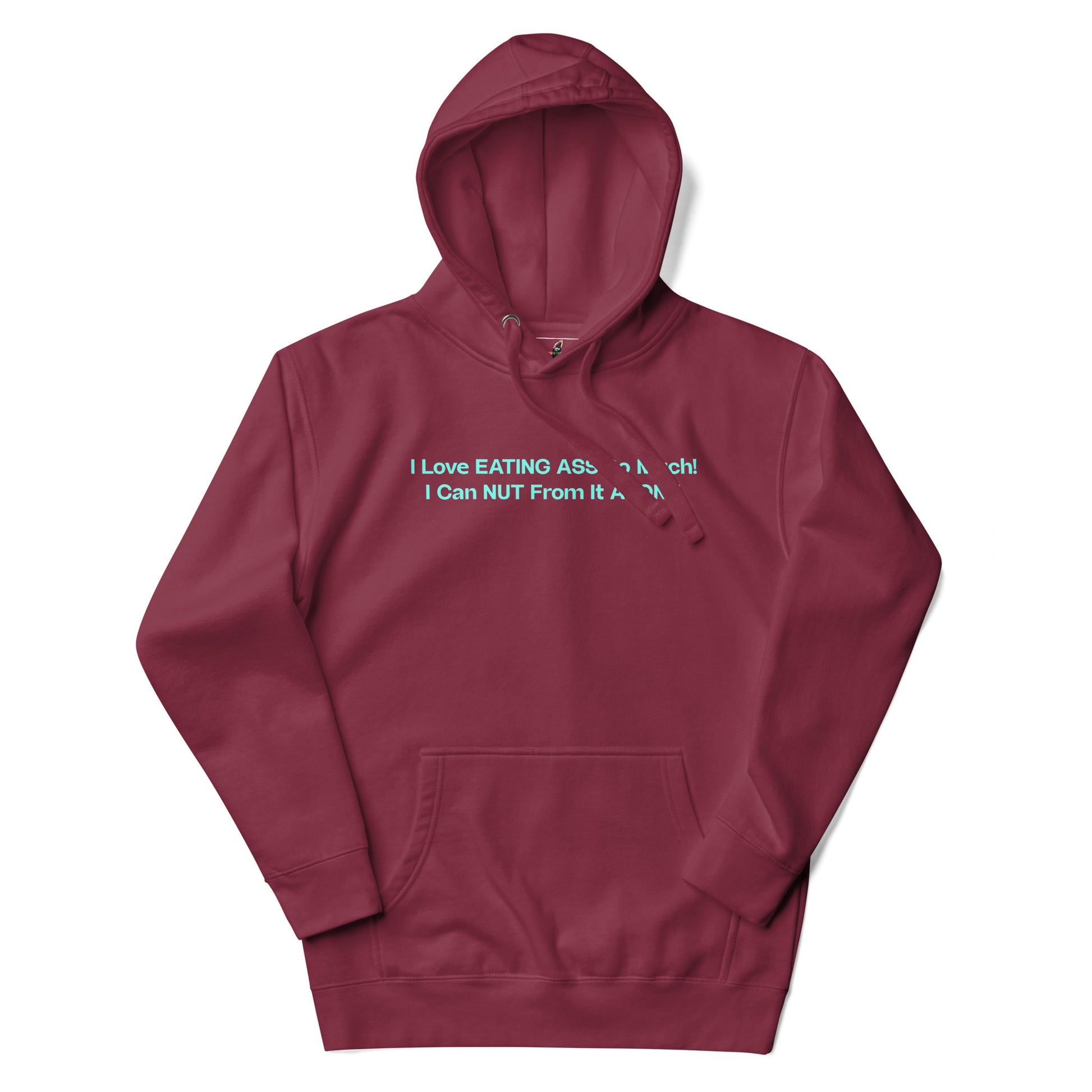 A maroon pullover hoodie with the words 'DUMP HIM' printed across the chest in a bright light blue/cyan font, displayed on a clean white background.