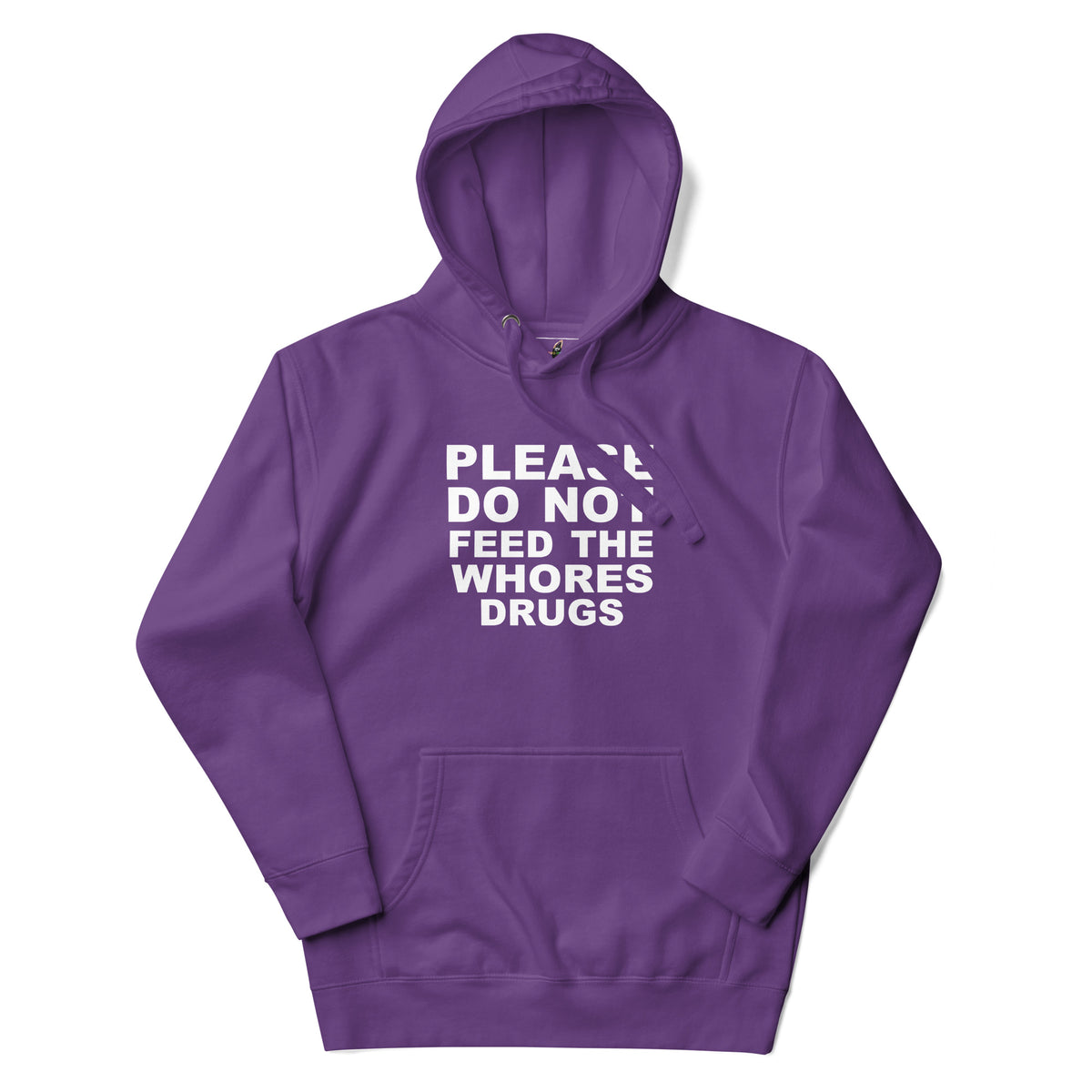 A purple pullover hoodie with a white graphic text print on the chest that reads 'PLEASE DO NOT FEED THE WHORES DRUGS', displayed on a clean white background.