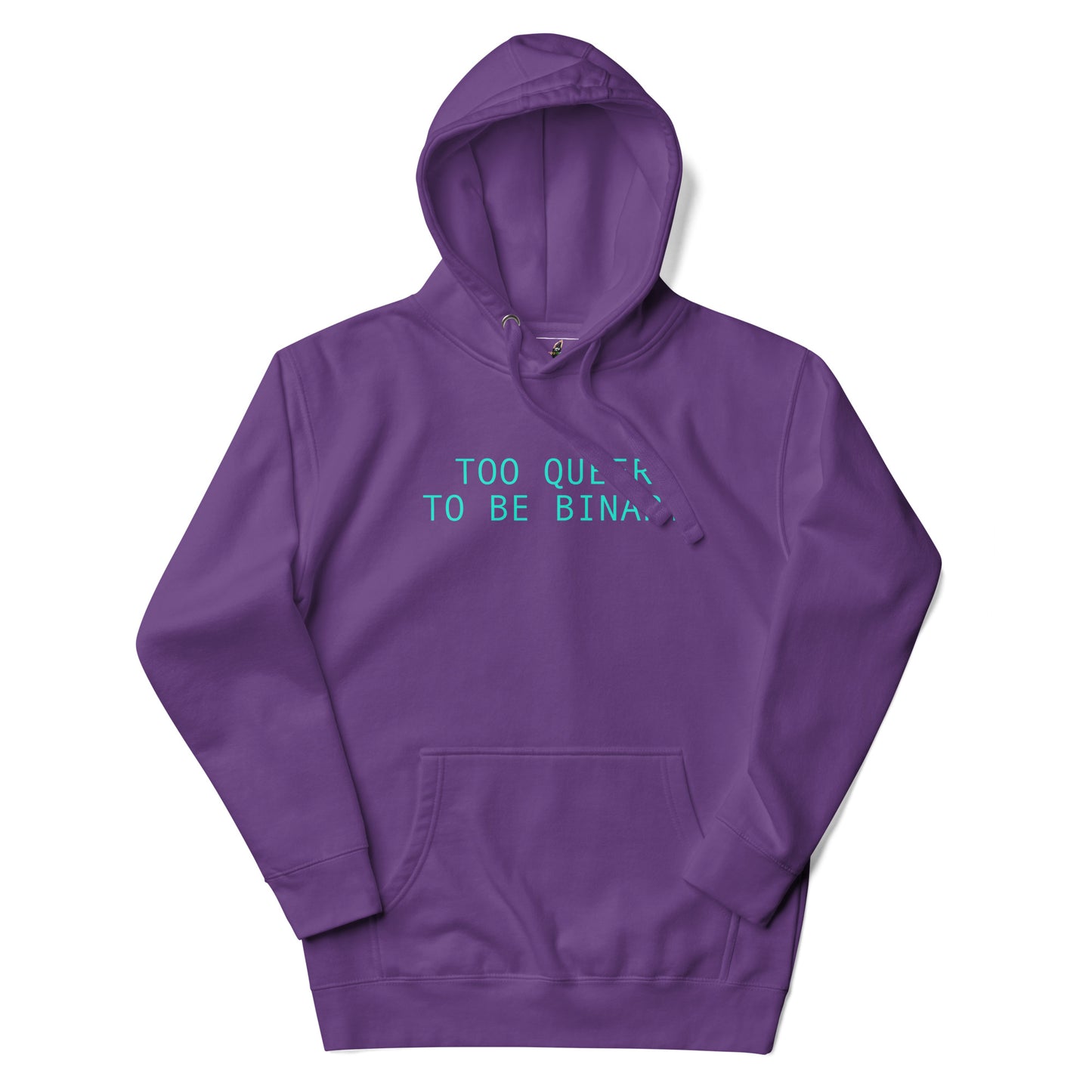 A purple pullover hoodie with a kangaroo pocket and a small light blue text graphic on the chest reading 'TOO QUIK TO BE BINA.' on a plain white background.