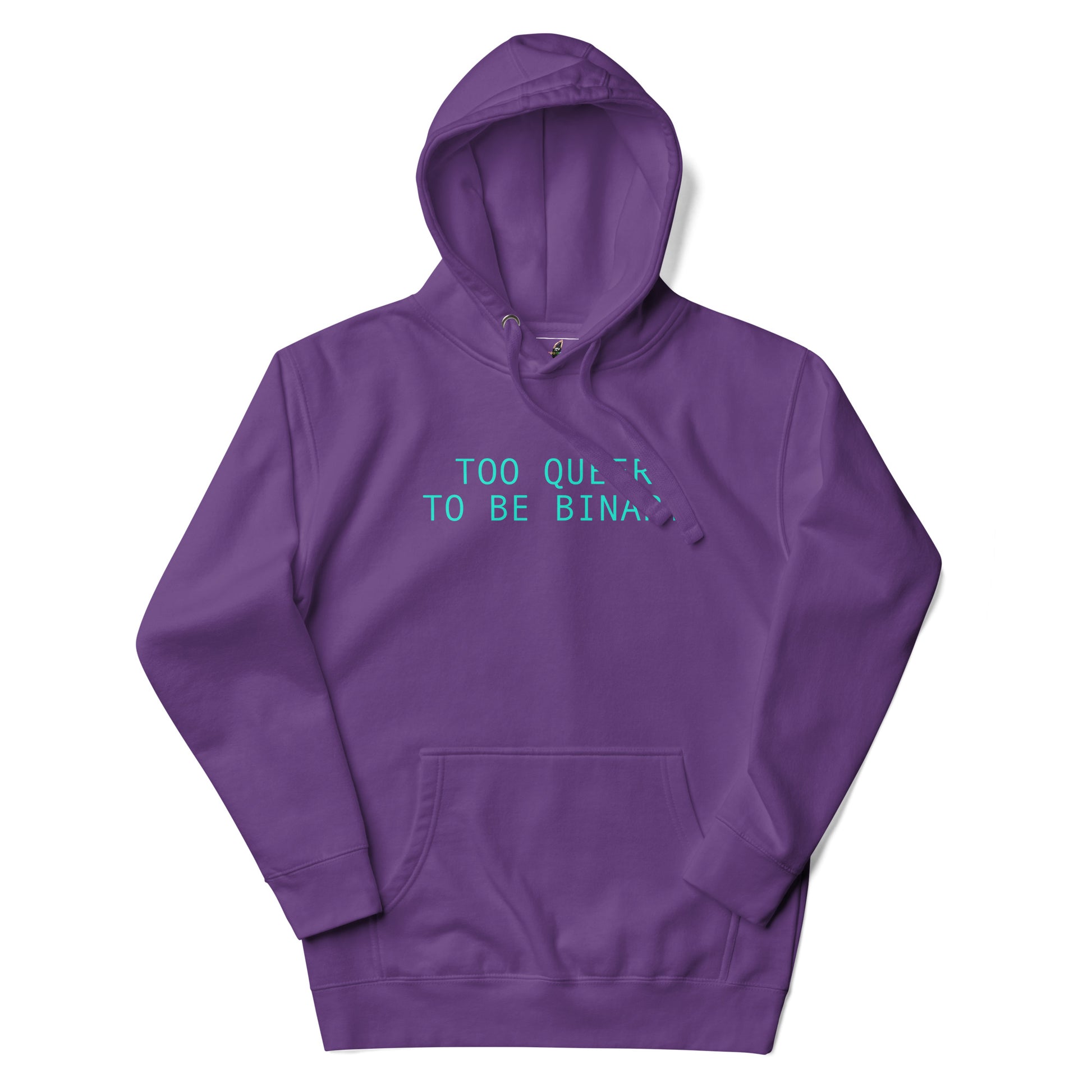 A purple pullover hoodie with a kangaroo pocket and a small light blue text graphic on the chest reading 'TOO QUIK TO BE BINA.' on a plain white background.