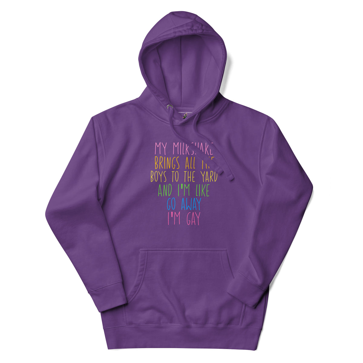 Purple hoodie with a small red logo on a white background