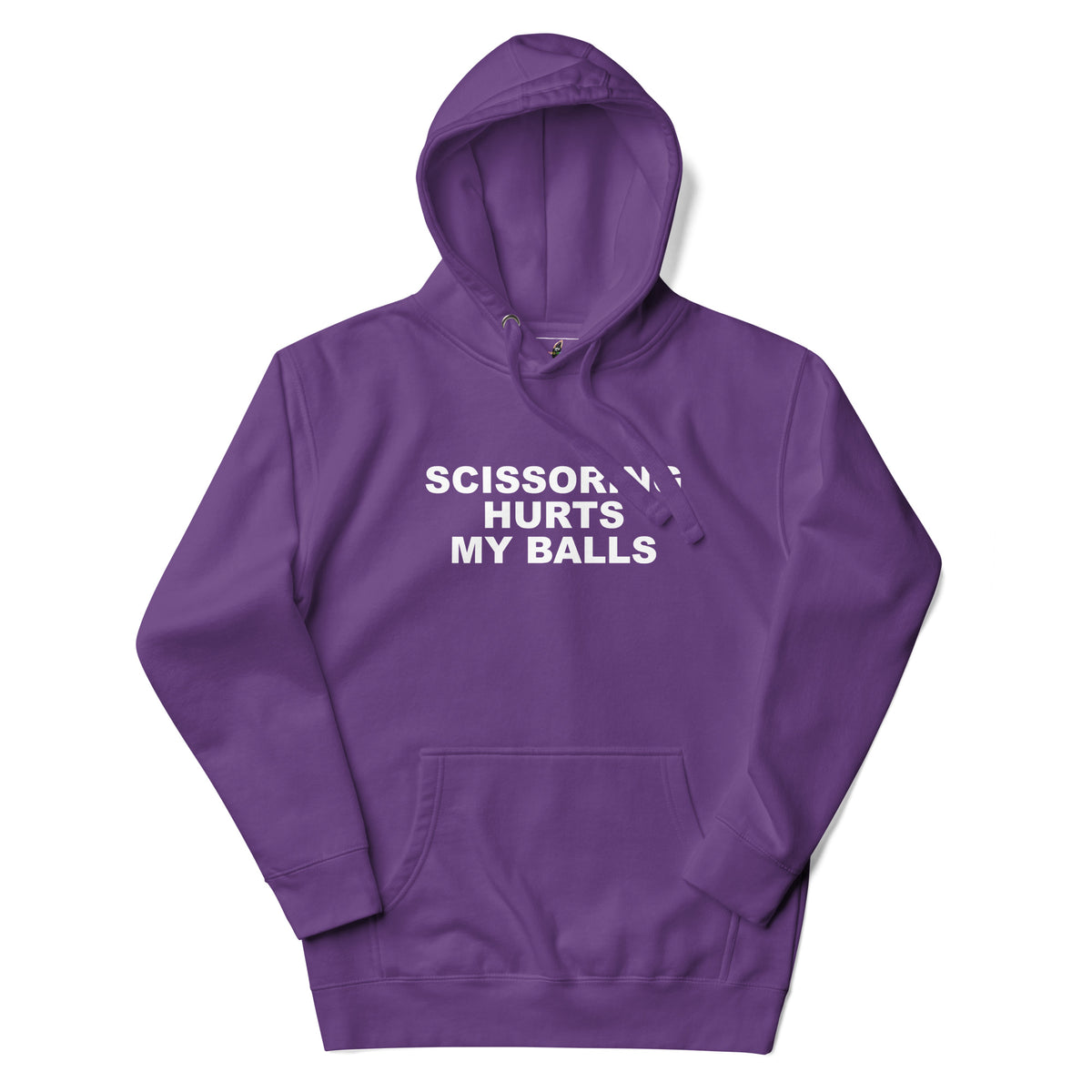 Purple hoodie with white text on a white background